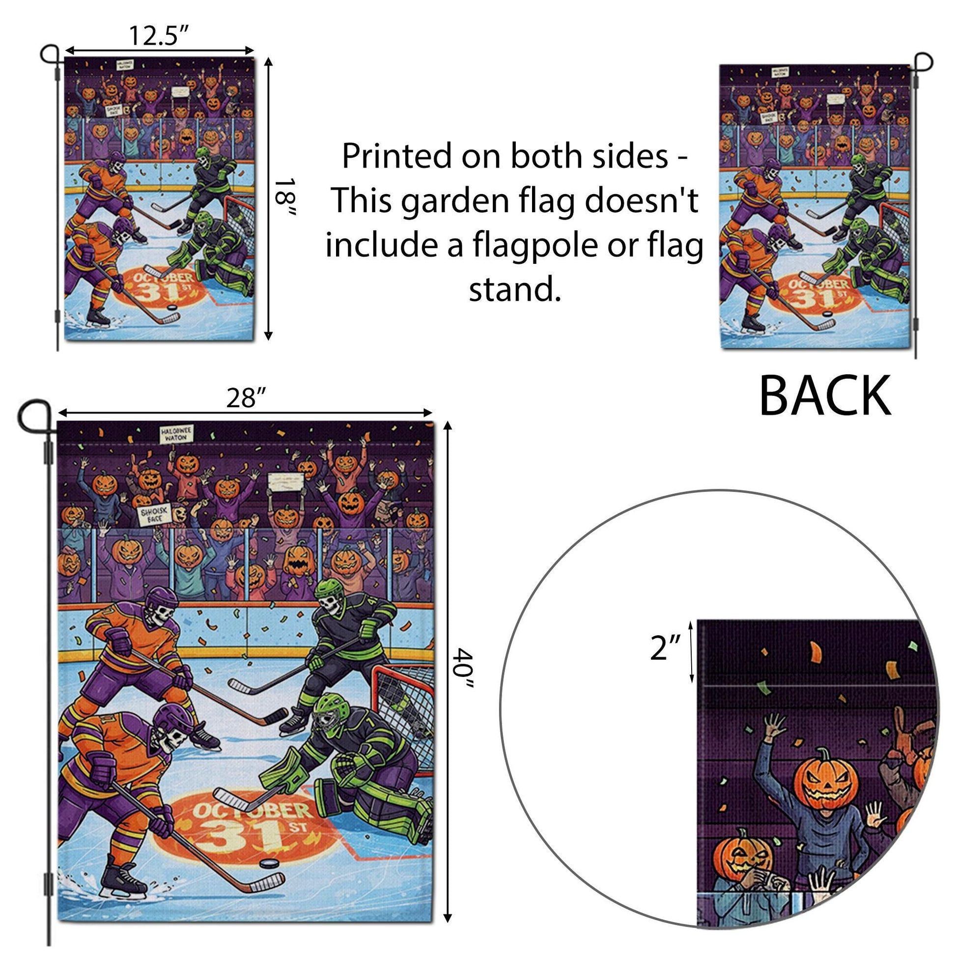 Halloween Hockey Garden Flag – Funny Skeleton Ice Rink Decor – October 31st Yard Sign – Spooky Sports Outdoor Banner