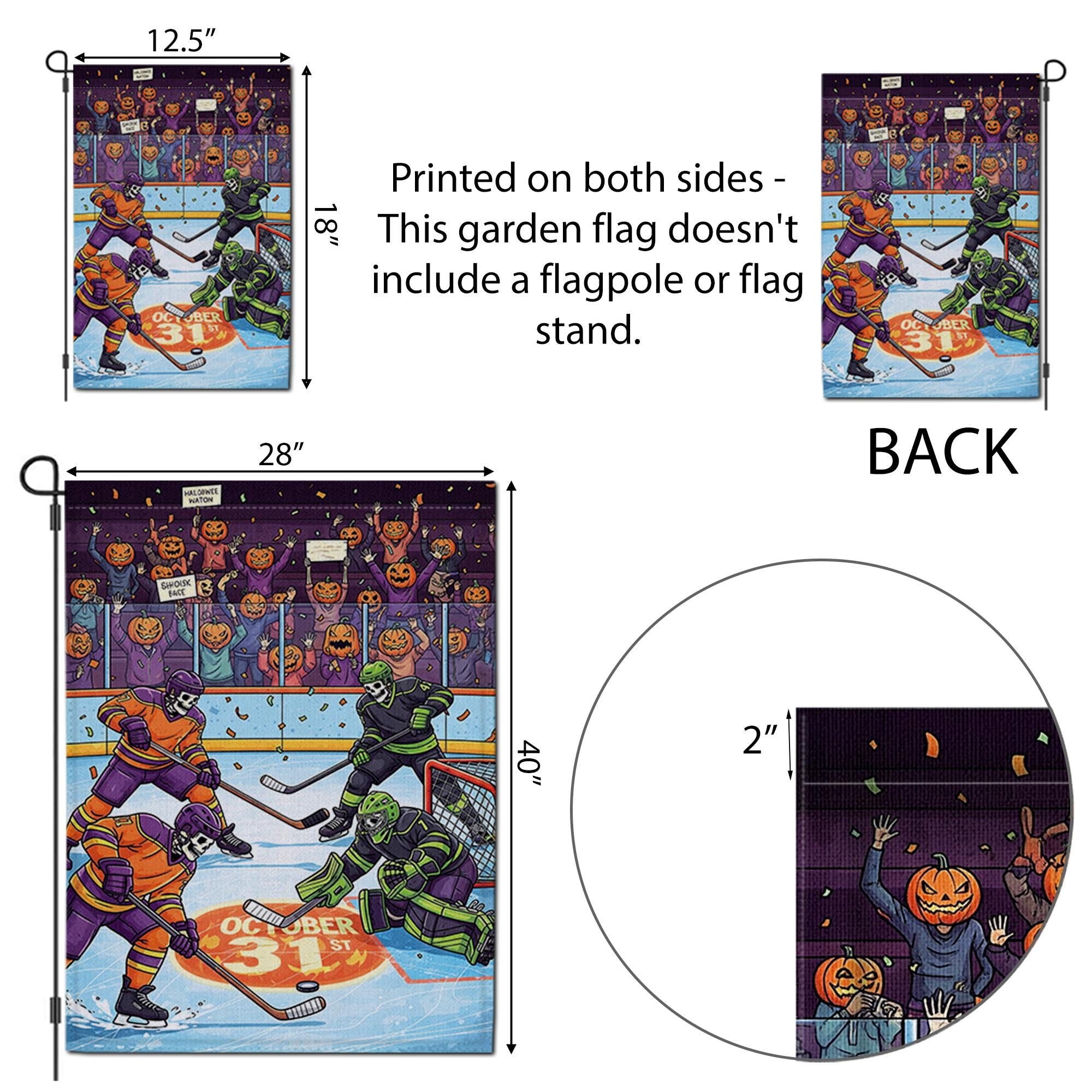 Halloween Hockey Garden Flag – Funny Skeleton Ice Rink Decor – October 31st Yard Sign – Spooky Sports Outdoor Banner