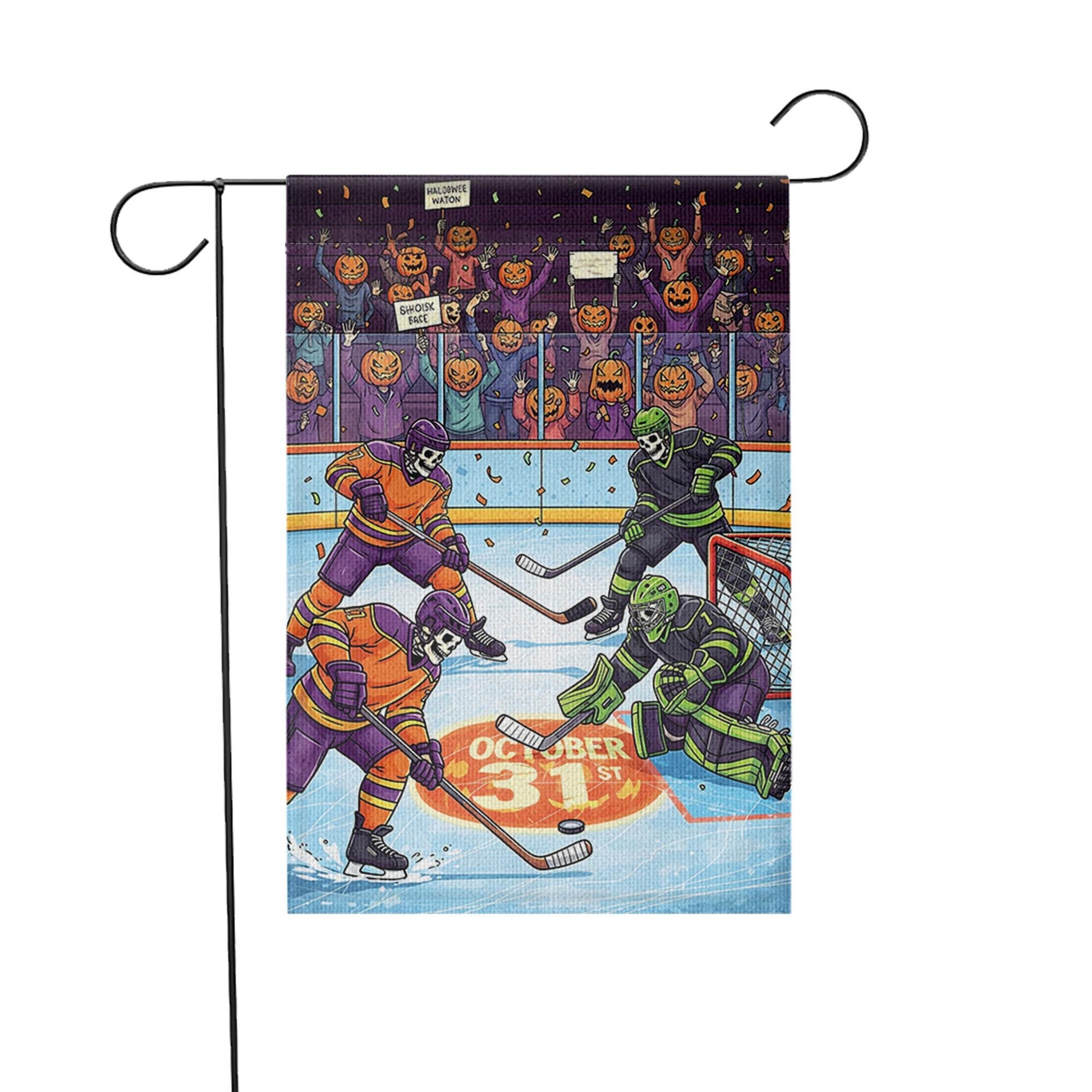 Halloween Hockey Garden Flag – Funny Skeleton Ice Rink Decor – October 31st Yard Sign – Spooky Sports Outdoor Banner
