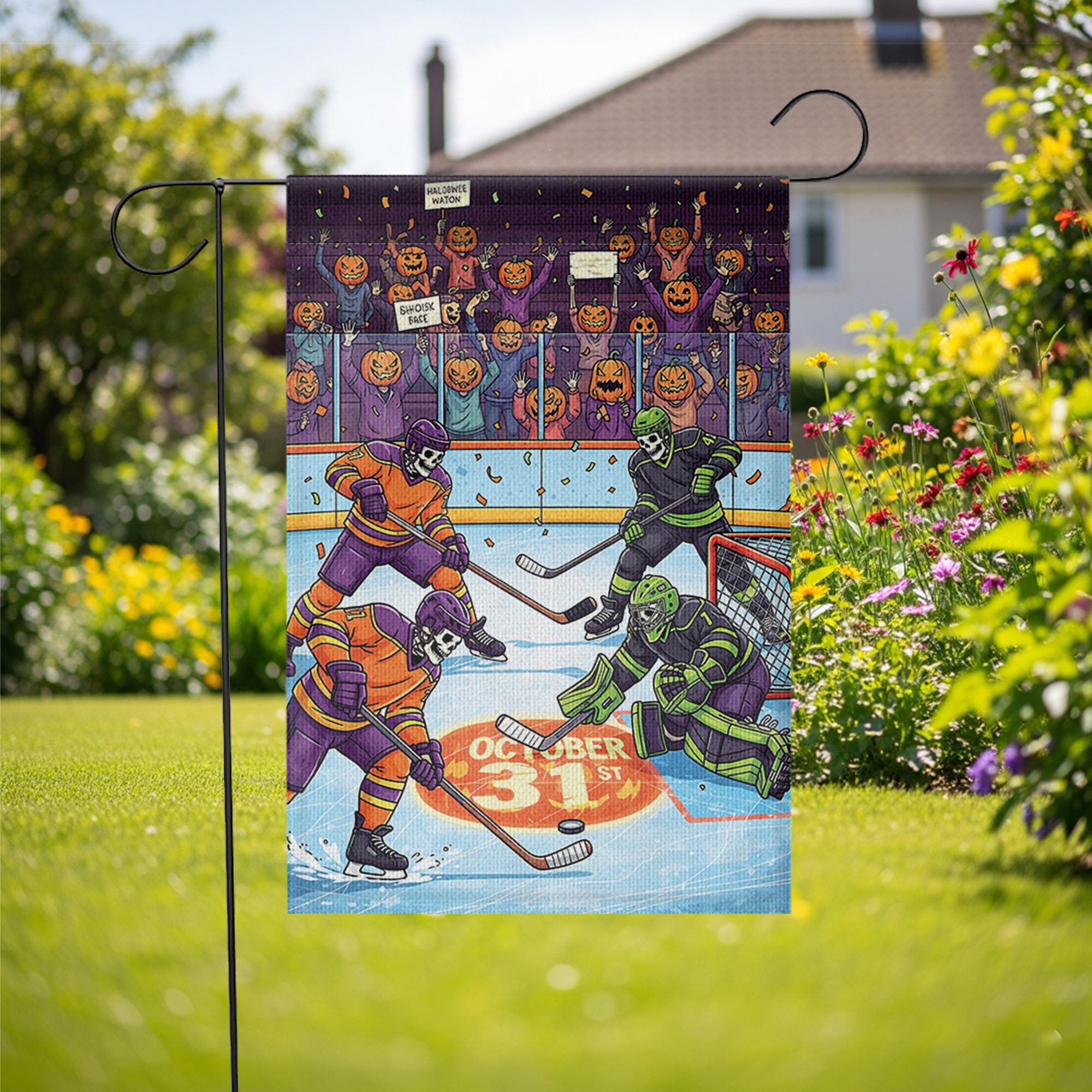 Halloween Hockey Garden Flag – Funny Skeleton Ice Rink Decor – October 31st Yard Sign – Spooky Sports Outdoor Banner