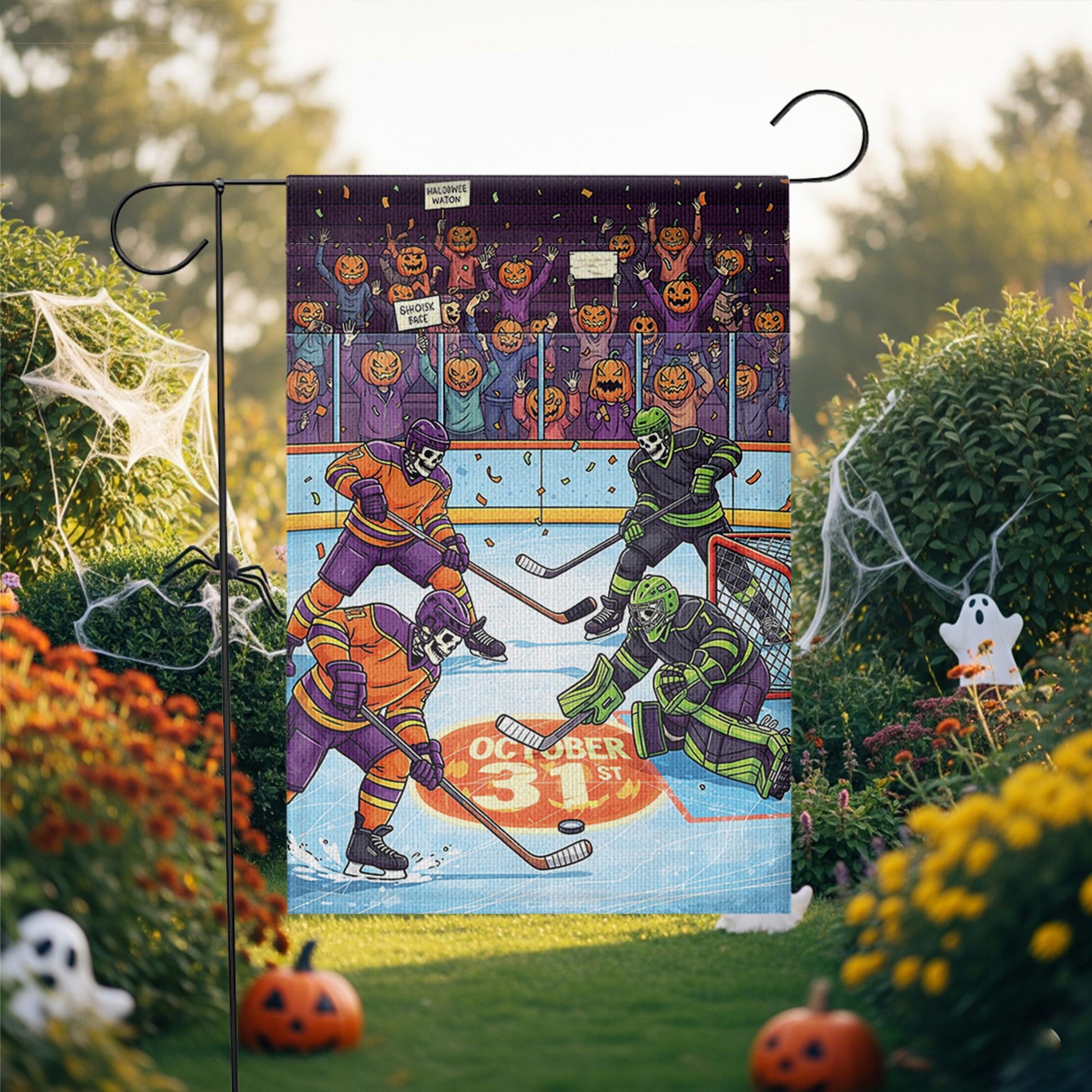 Halloween Hockey Garden Flag – Funny Skeleton Ice Rink Decor – October 31st Yard Sign – Spooky Sports Outdoor Banner