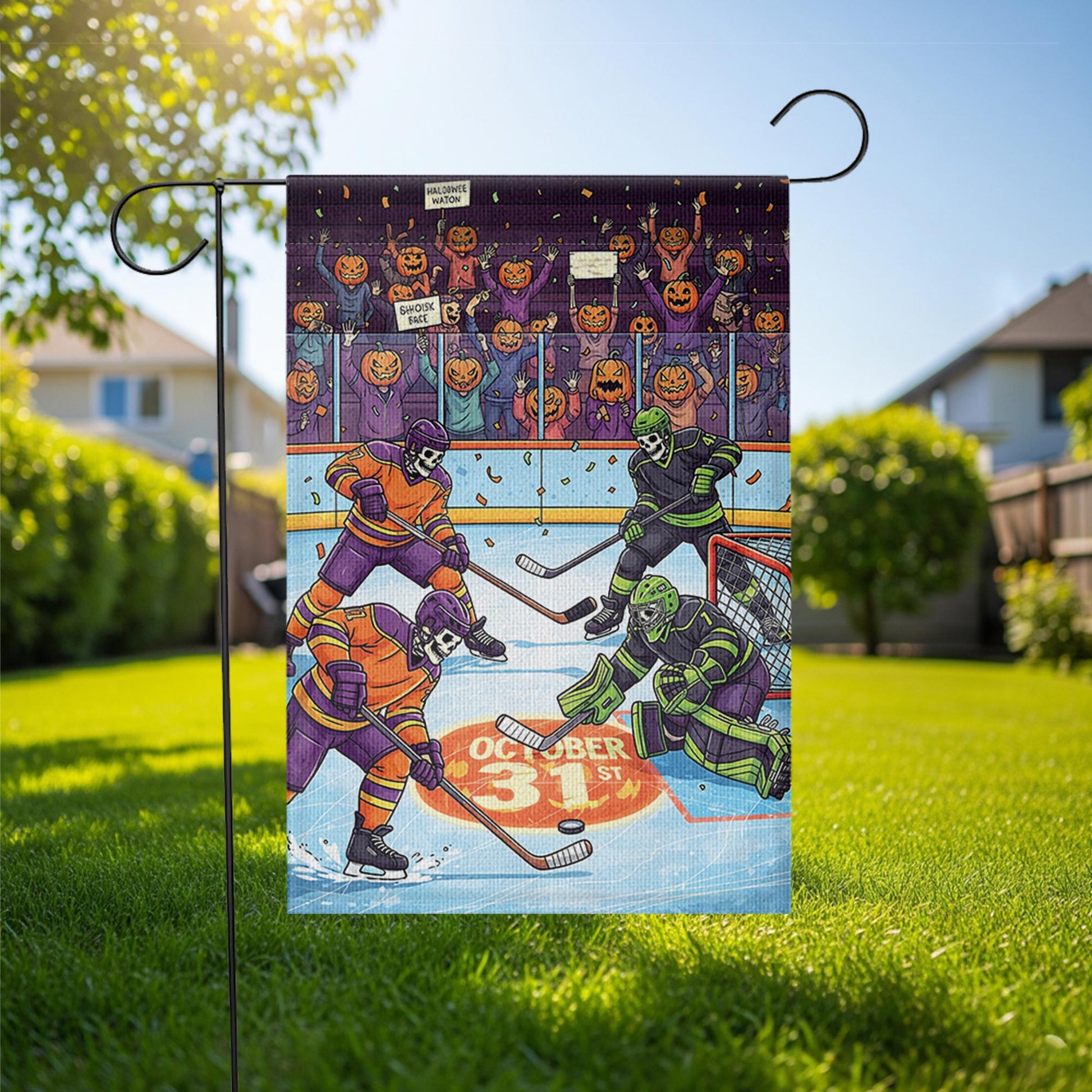 Halloween Hockey Garden Flag – Funny Skeleton Ice Rink Decor – October 31st Yard Sign – Spooky Sports Outdoor Banner