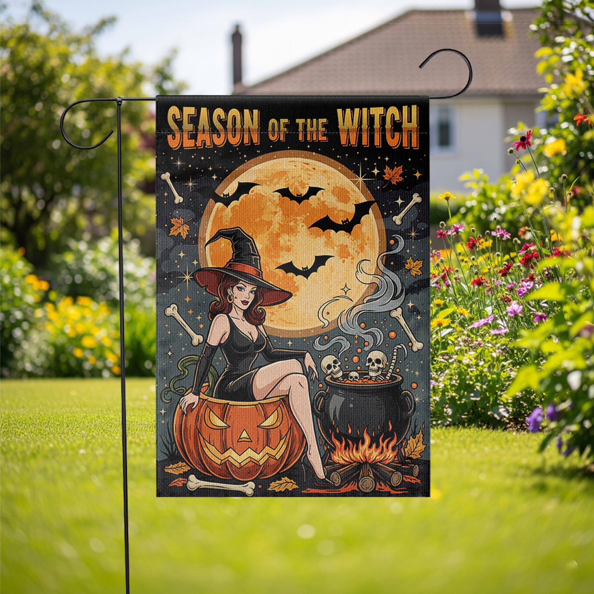 Season of the Witch Garden Flag – Sexy Halloween Witch with Pumpkin and Cauldron – Spooky Outdoor Yard Decor