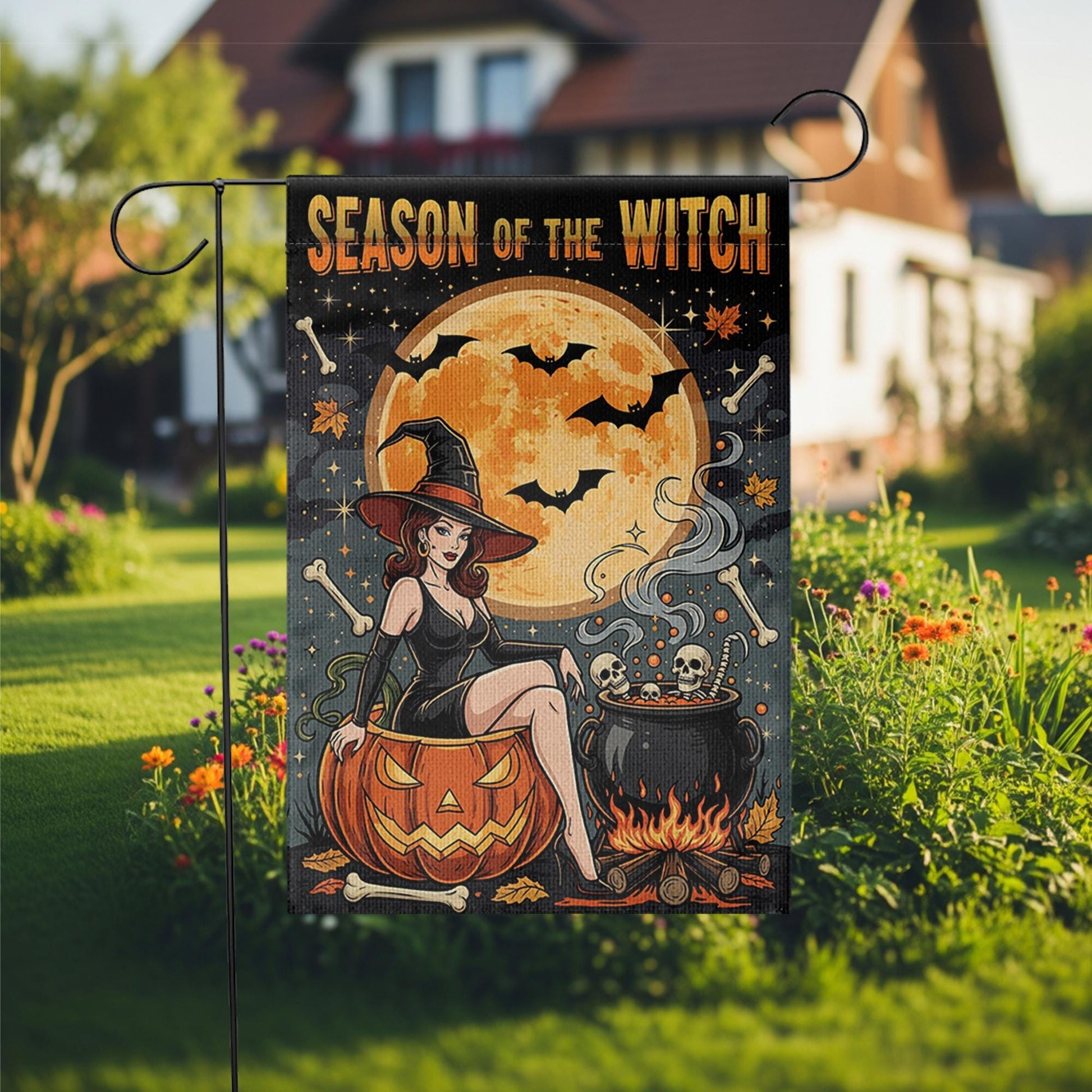 Season of the Witch Garden Flag – Sexy Halloween Witch with Pumpkin and Cauldron – Spooky Outdoor Yard Decor