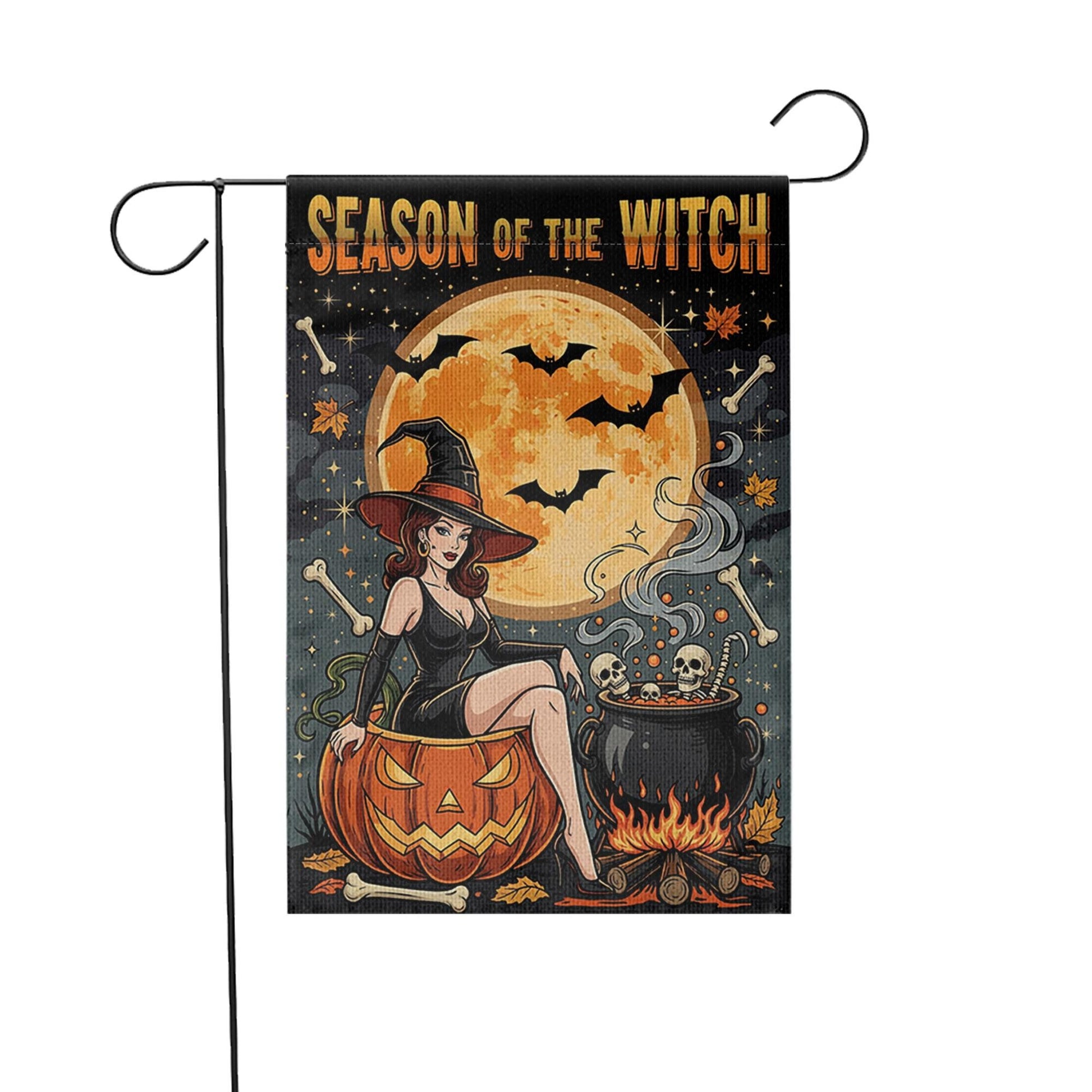 Season of the Witch Garden Flag – Sexy Halloween Witch with Pumpkin and Cauldron – Spooky Outdoor Yard Decor