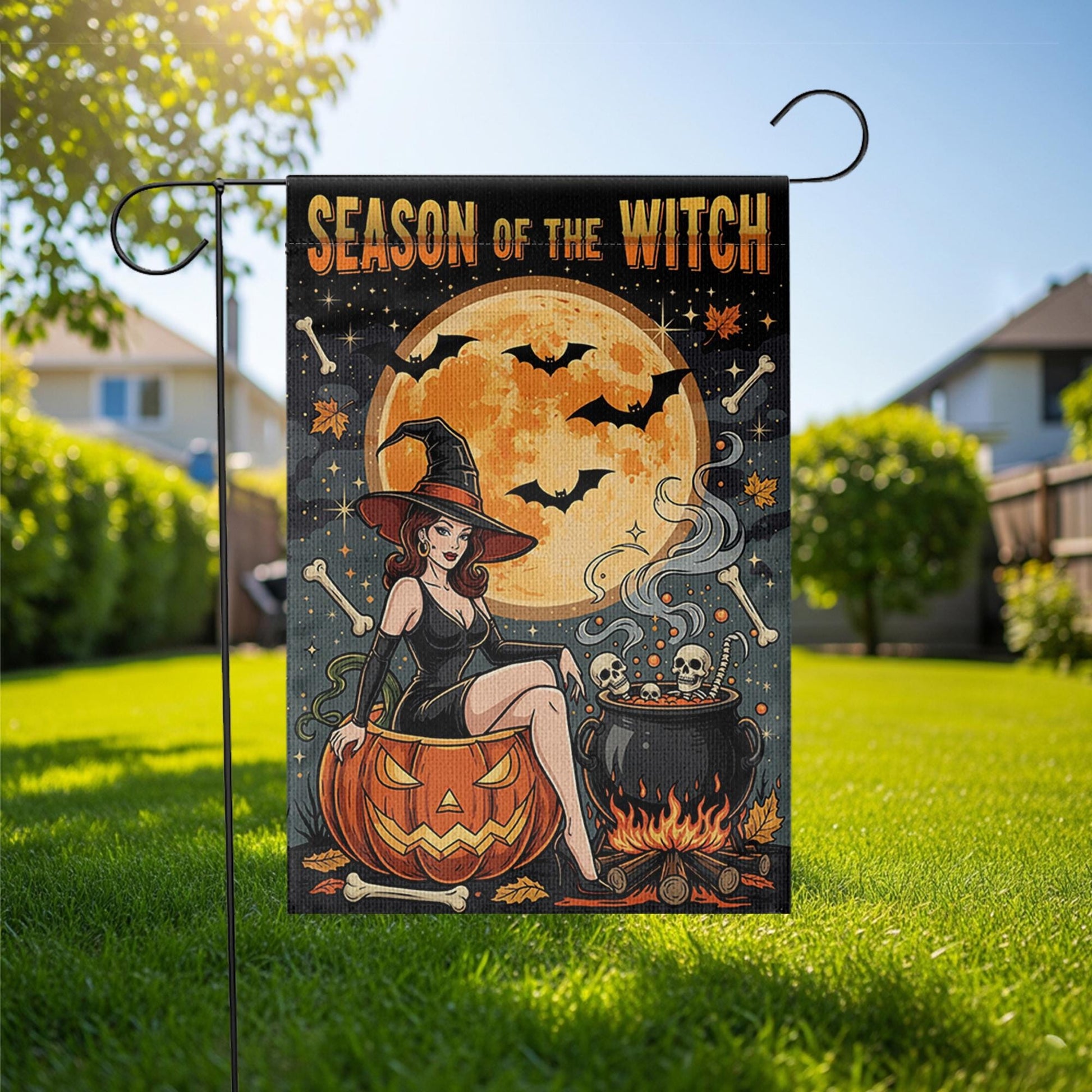Season of the Witch Garden Flag – Sexy Halloween Witch with Pumpkin and Cauldron – Spooky Outdoor Yard Decor