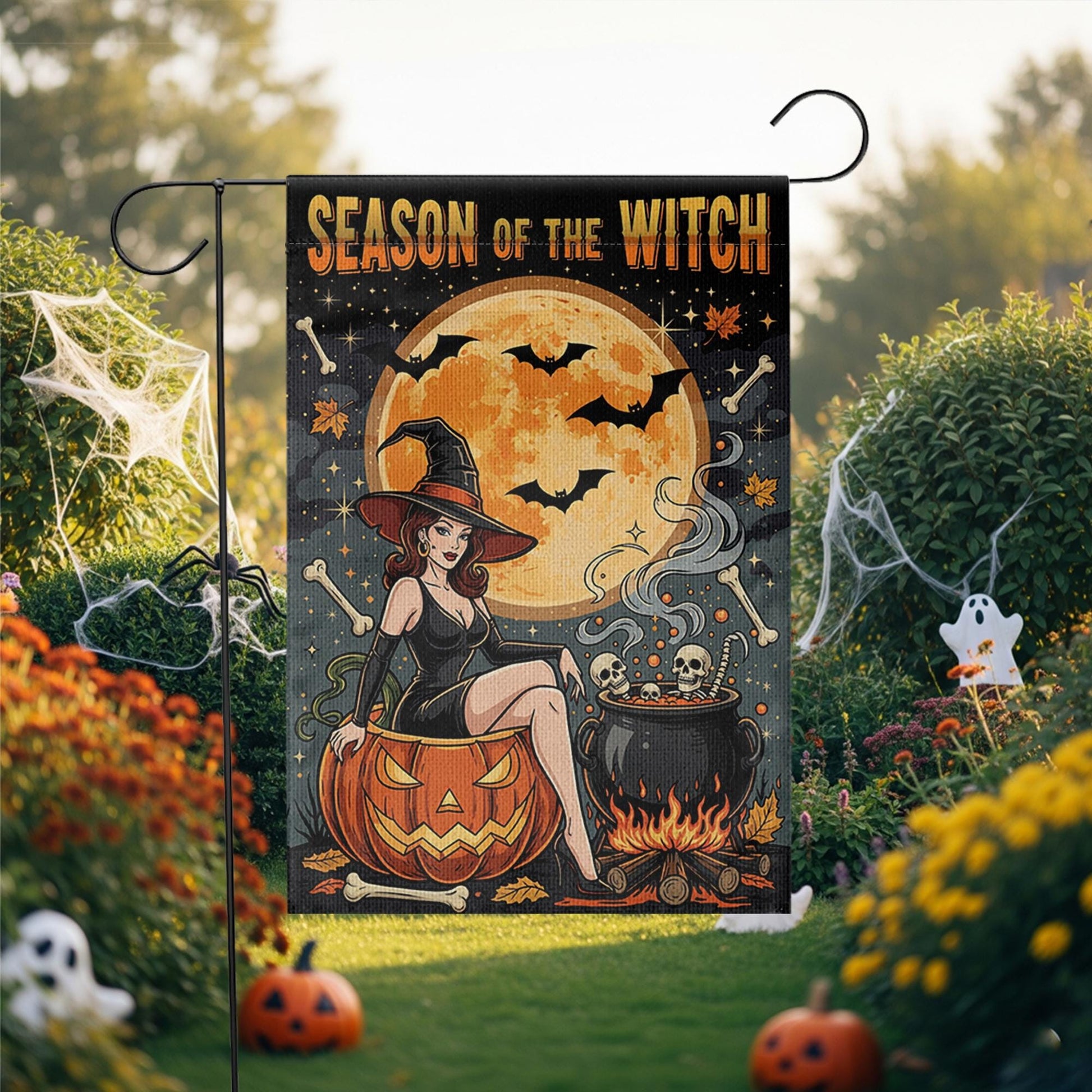 Season of the Witch Garden Flag – Sexy Halloween Witch with Pumpkin and Cauldron – Spooky Outdoor Yard Decor