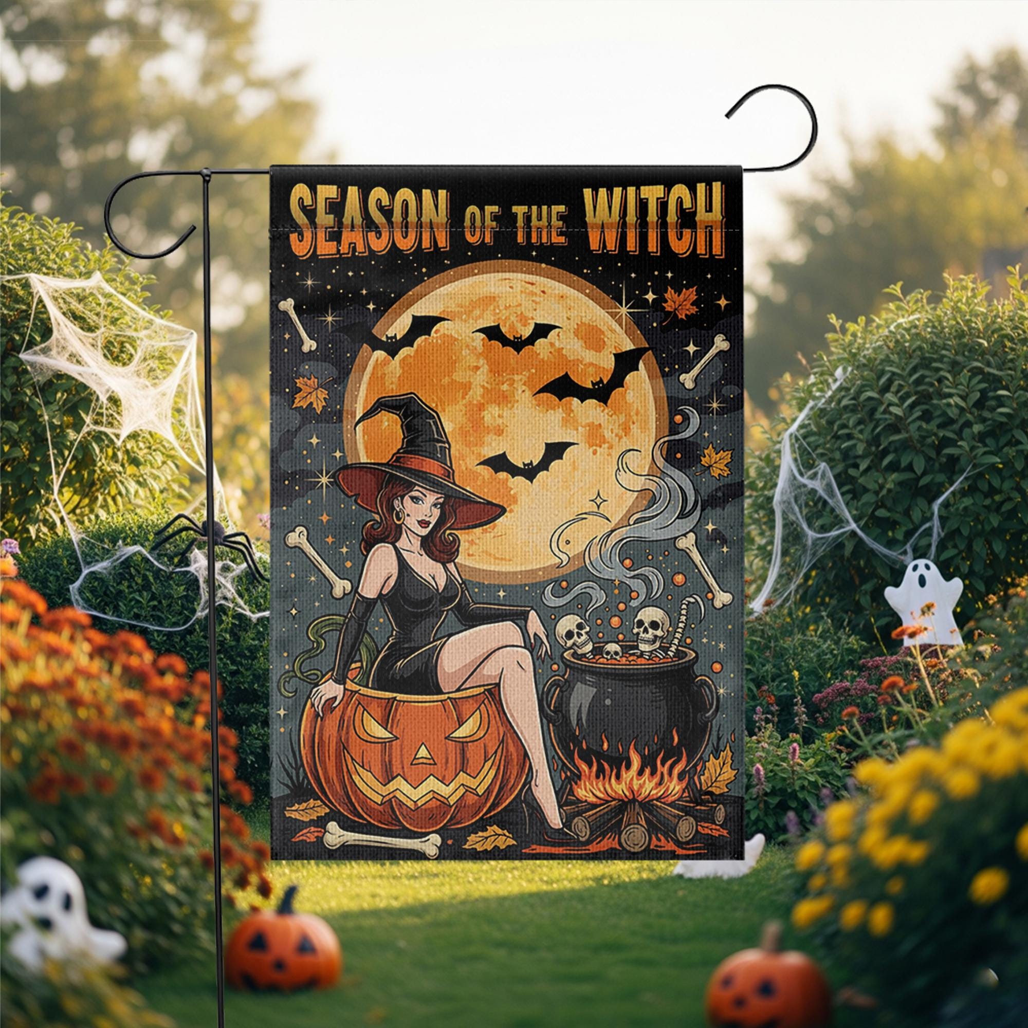 Season of the Witch Garden Flag – Sexy Halloween Witch with Pumpkin and Cauldron – Spooky Outdoor Yard Decor