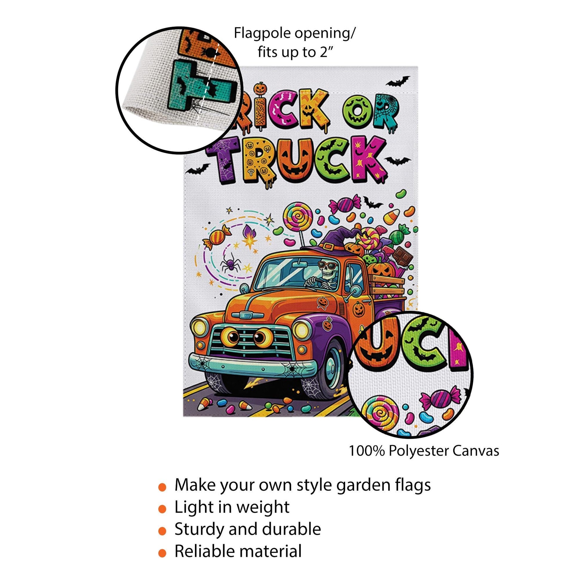 Trick or Truck Garden Flag – Colorful Halloween Truck with Candy – Cute Skeleton Driving – Fun Fall Yard Decor
