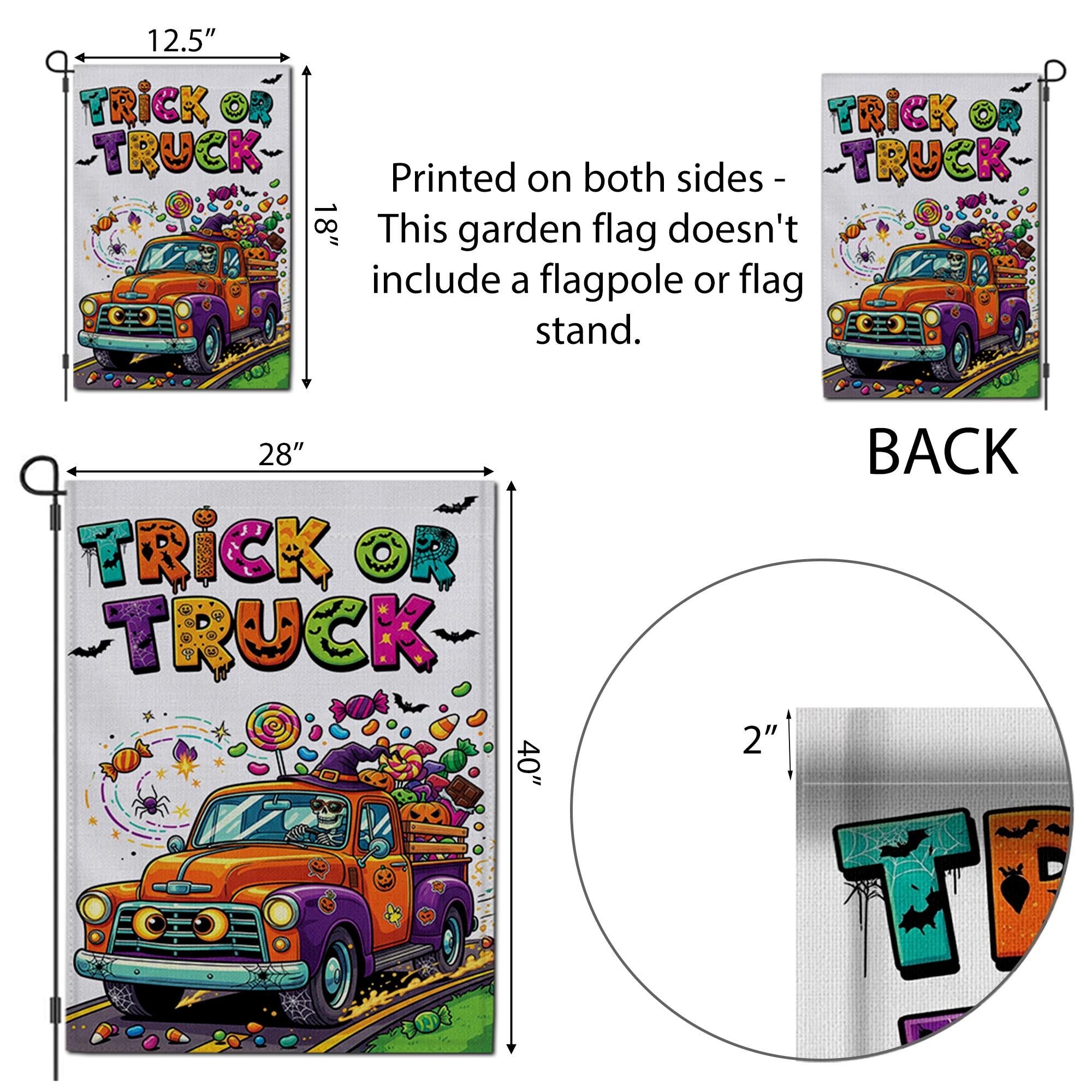 Trick or Truck Garden Flag – Colorful Halloween Truck with Candy – Cute Skeleton Driving – Fun Fall Yard Decor