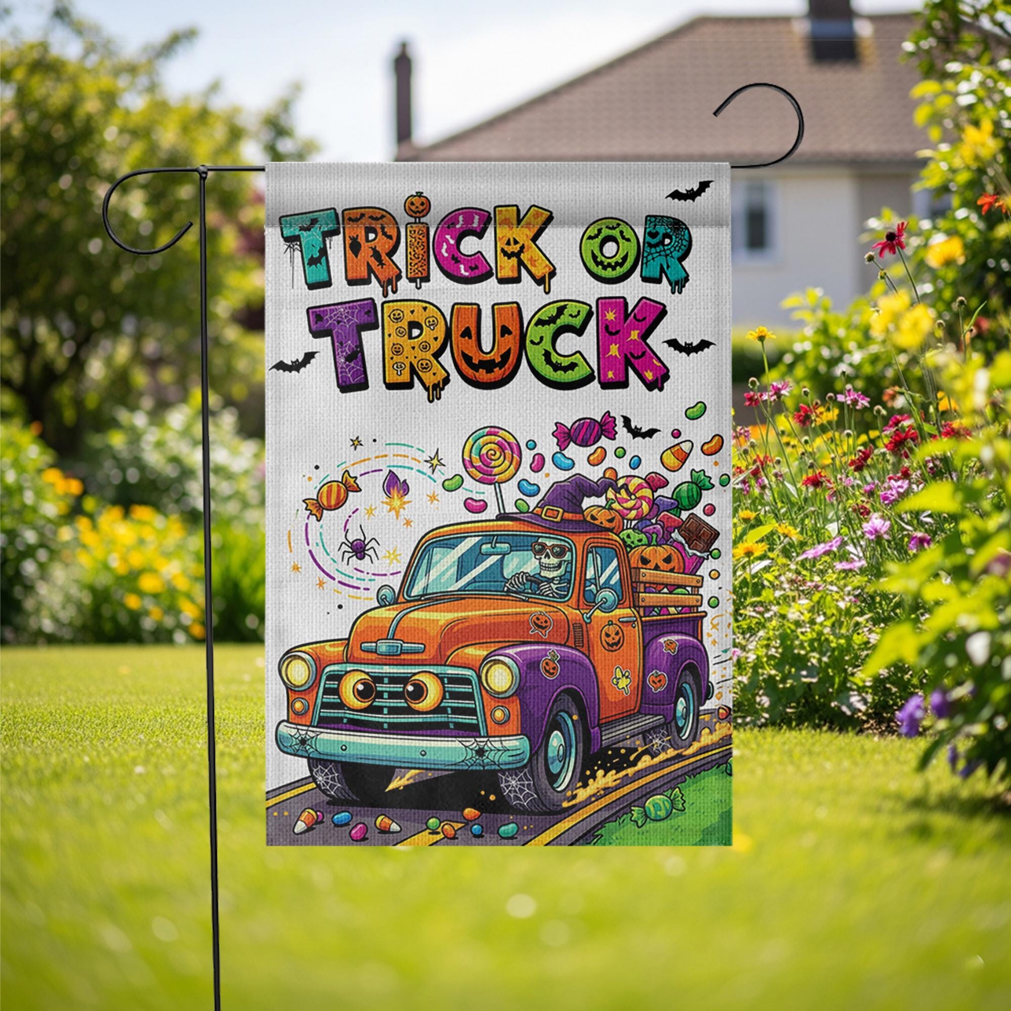 Trick or Truck Garden Flag – Colorful Halloween Truck with Candy – Cute Skeleton Driving – Fun Fall Yard Decor