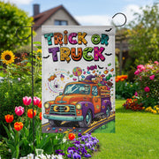 Trick or Truck Garden Flag – Colorful Halloween Truck with Candy – Cute Skeleton Driving – Fun Fall Yard Decor