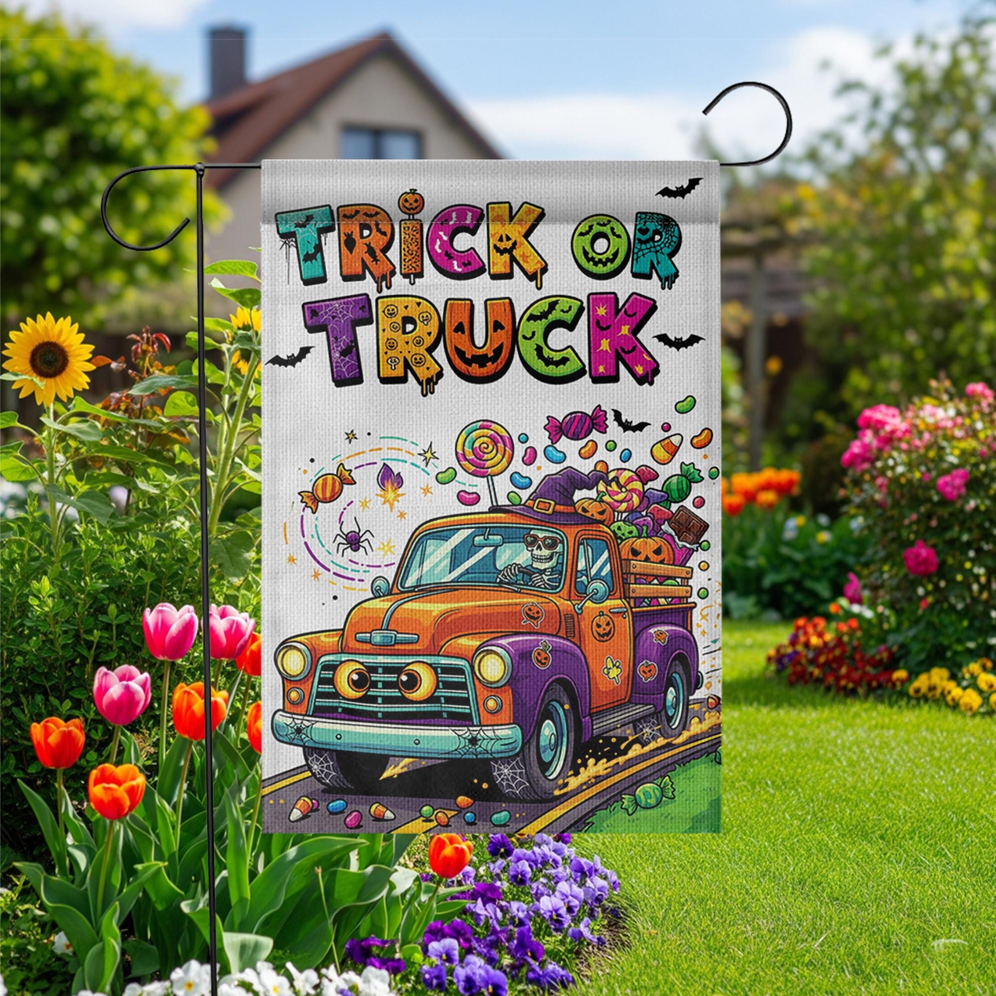 Trick or Truck Garden Flag – Colorful Halloween Truck with Candy – Cute Skeleton Driving – Fun Fall Yard Decor