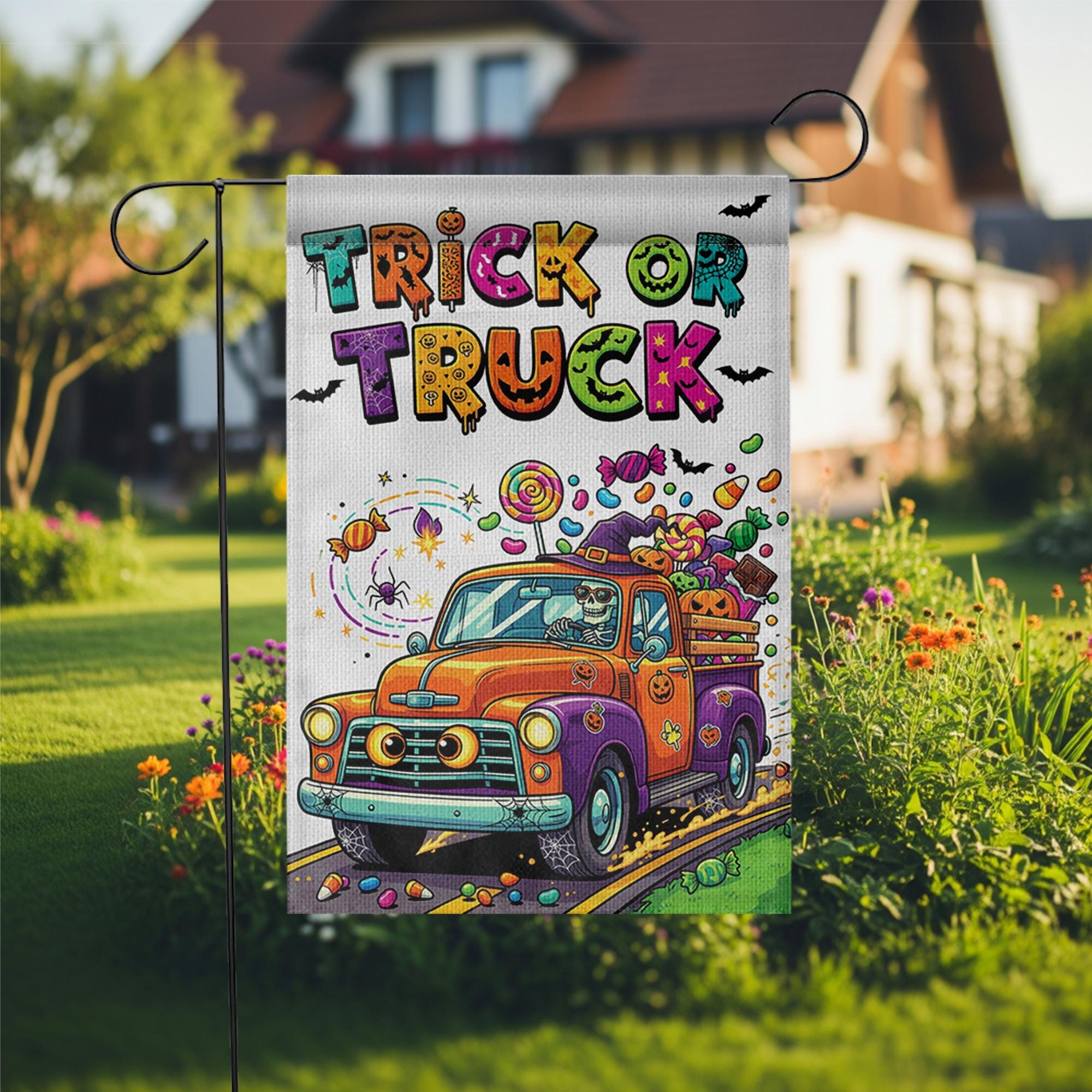 Trick or Truck Garden Flag – Colorful Halloween Truck with Candy – Cute Skeleton Driving – Fun Fall Yard Decor