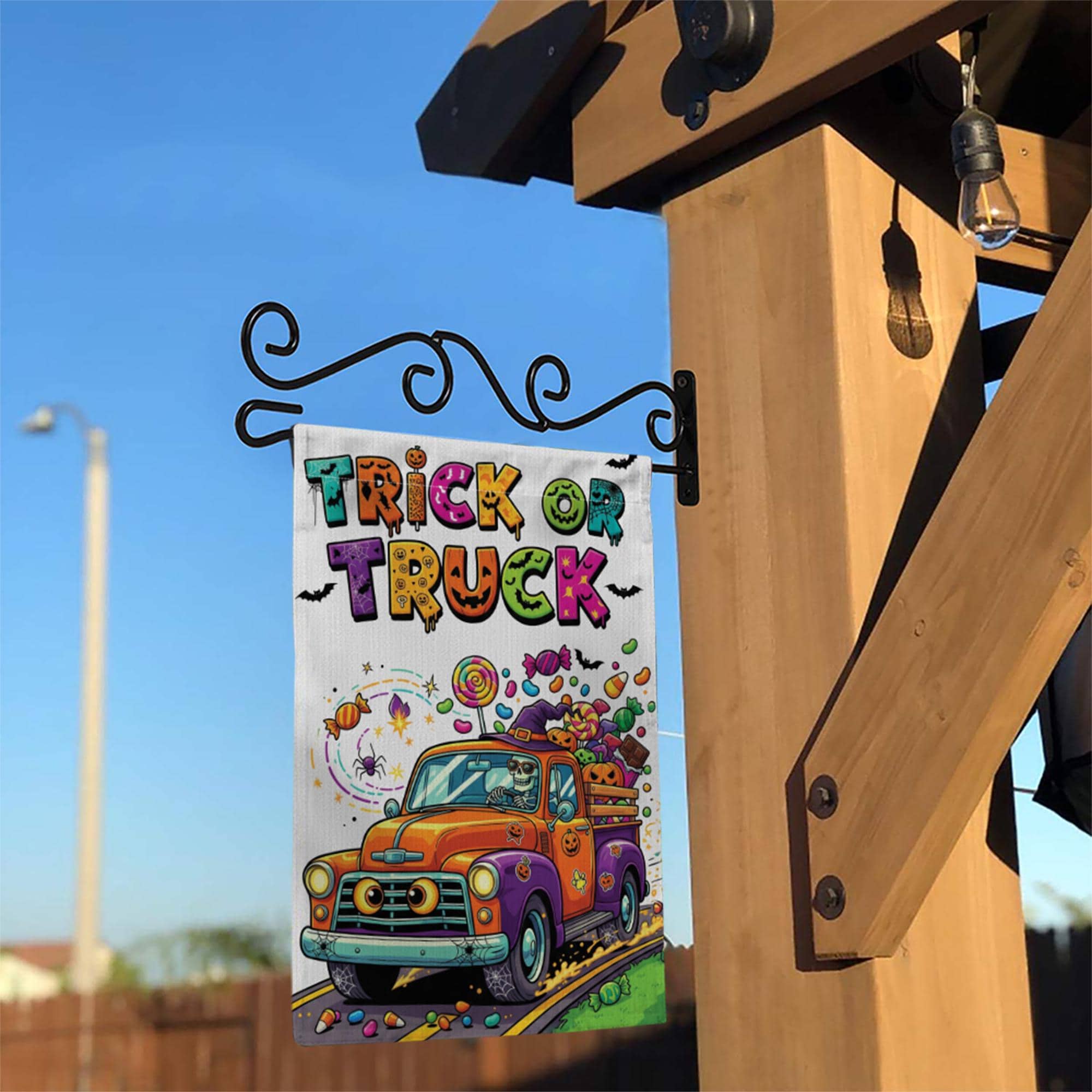 Trick or Truck Garden Flag – Colorful Halloween Truck with Candy – Cute Skeleton Driving – Fun Fall Yard Decor
