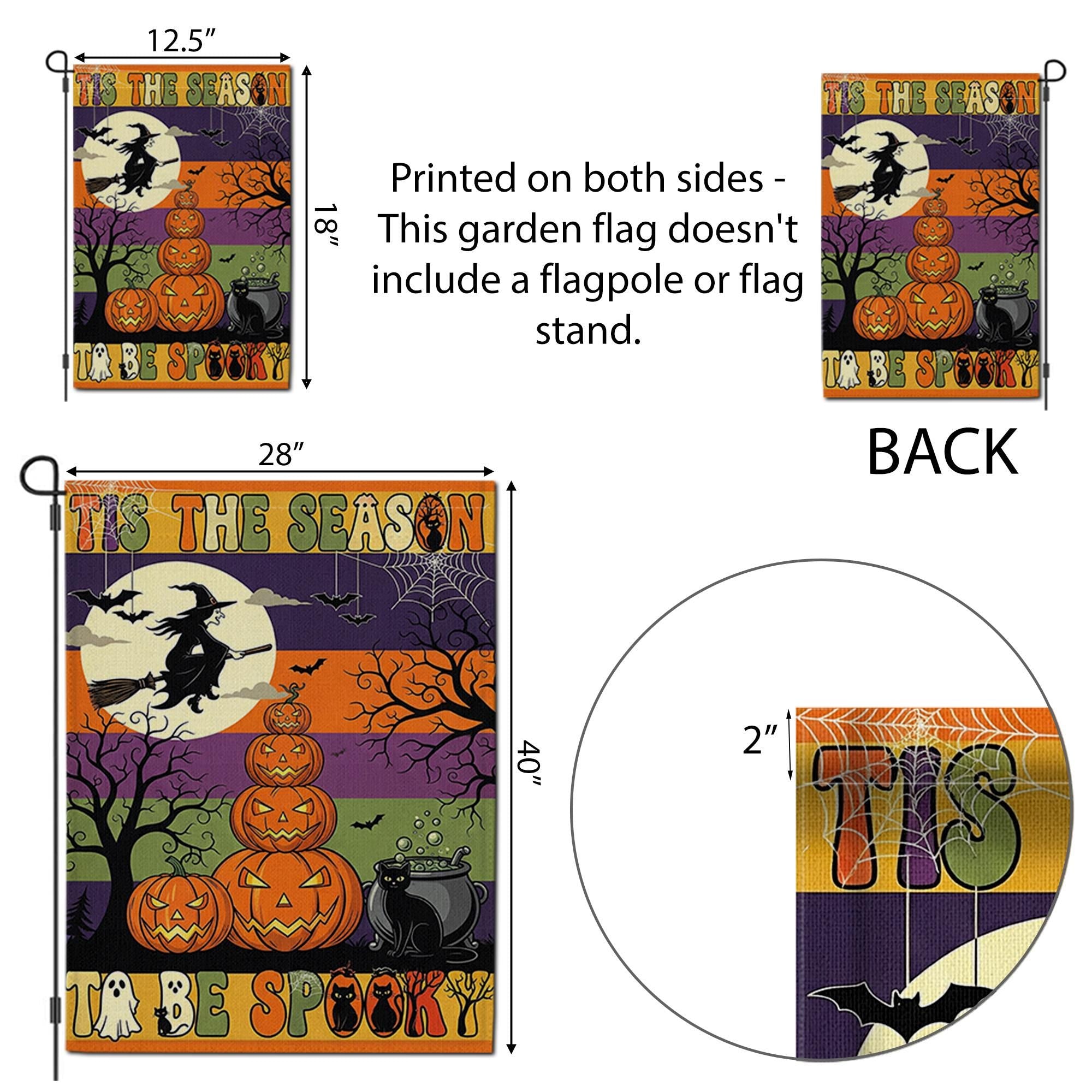Tis the Season to Be Spooky Garden Flag – Halloween Witch & Pumpkin Stack – Black Cat Fall Outdoor Yard Decor