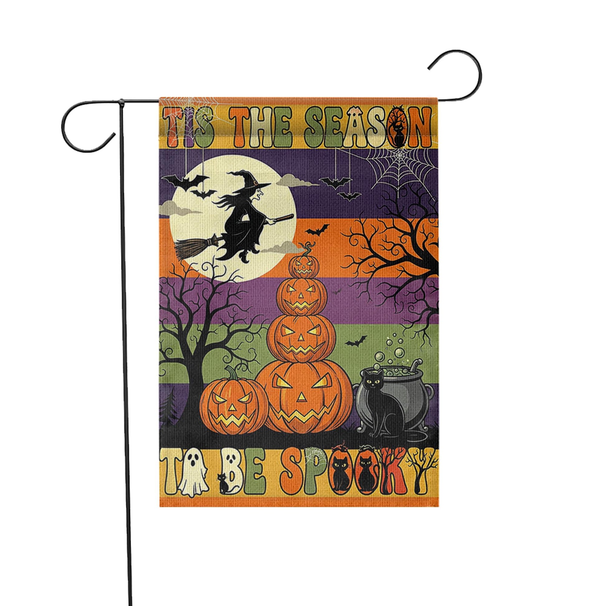 Tis the Season to Be Spooky Garden Flag – Halloween Witch & Pumpkin Stack – Black Cat Fall Outdoor Yard Decor