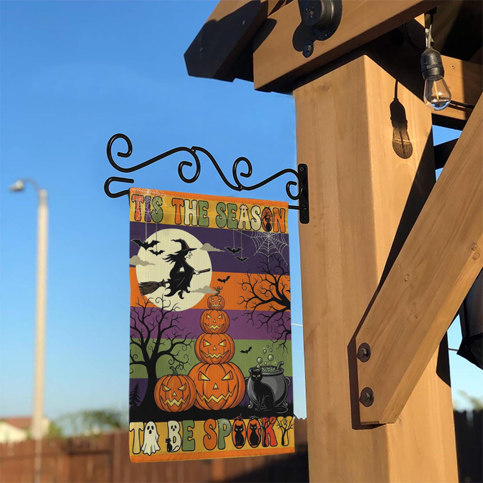 Tis the Season to Be Spooky Garden Flag – Halloween Witch & Pumpkin Stack – Black Cat Fall Outdoor Yard Decor