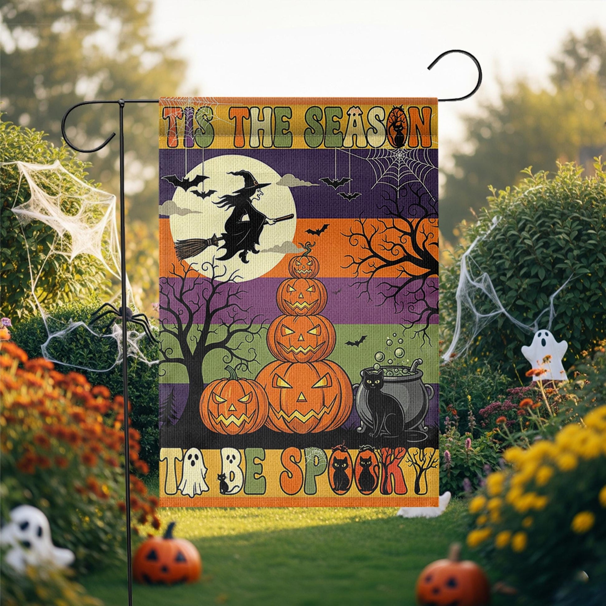 Tis the Season to Be Spooky Garden Flag – Halloween Witch & Pumpkin Stack – Black Cat Fall Outdoor Yard Decor