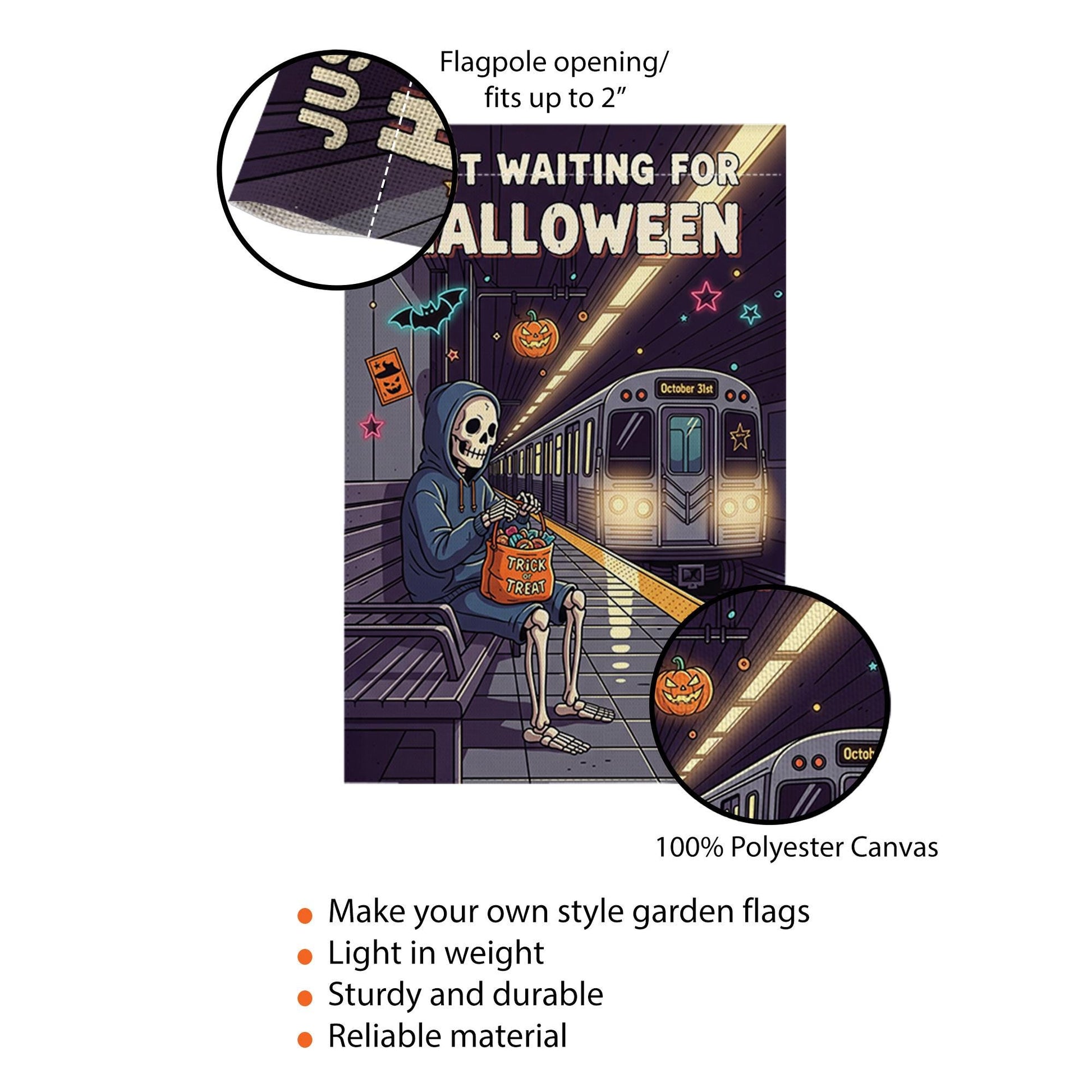 Just Waiting for Halloween Garden Flag – Funny Skeleton Subway Scene – Trick or Treat Spooky Yard Decor