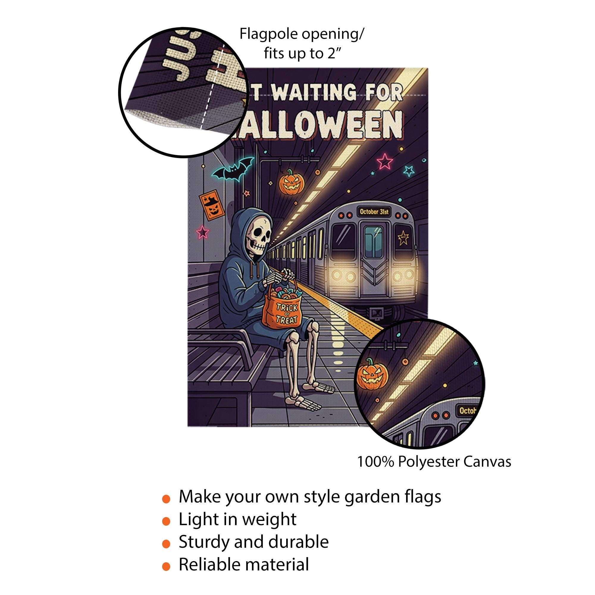 Just Waiting for Halloween Garden Flag – Funny Skeleton Subway Scene – Trick or Treat Spooky Yard Decor