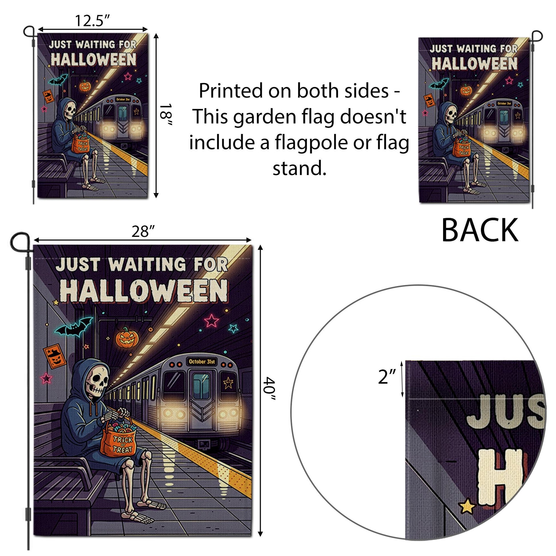 Just Waiting for Halloween Garden Flag – Funny Skeleton Subway Scene – Trick or Treat Spooky Yard Decor