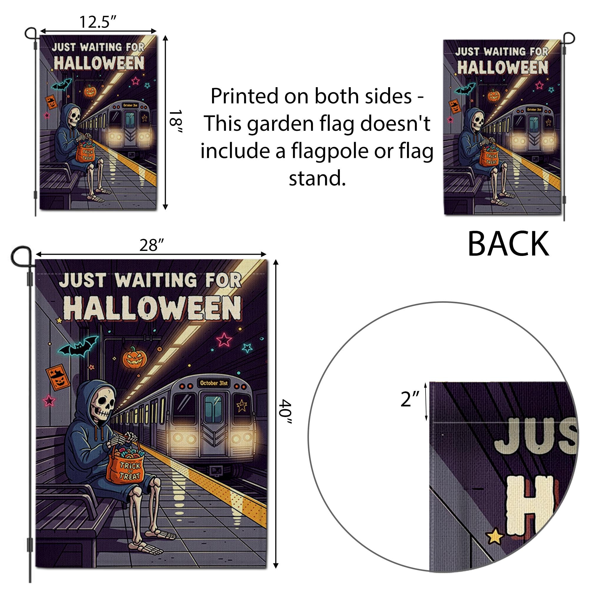 Just Waiting for Halloween Garden Flag – Funny Skeleton Subway Scene – Trick or Treat Spooky Yard Decor