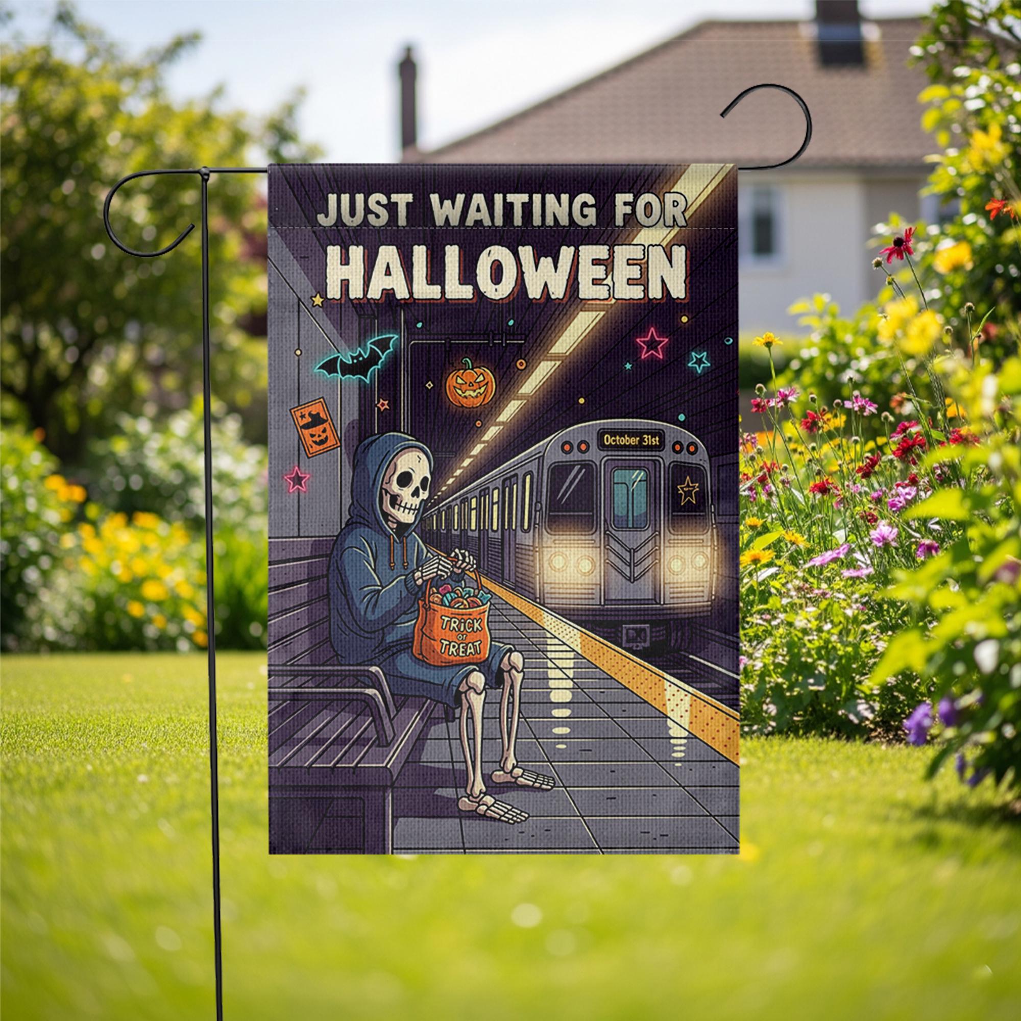 Just Waiting for Halloween Garden Flag – Funny Skeleton Subway Scene – Trick or Treat Spooky Yard Decor