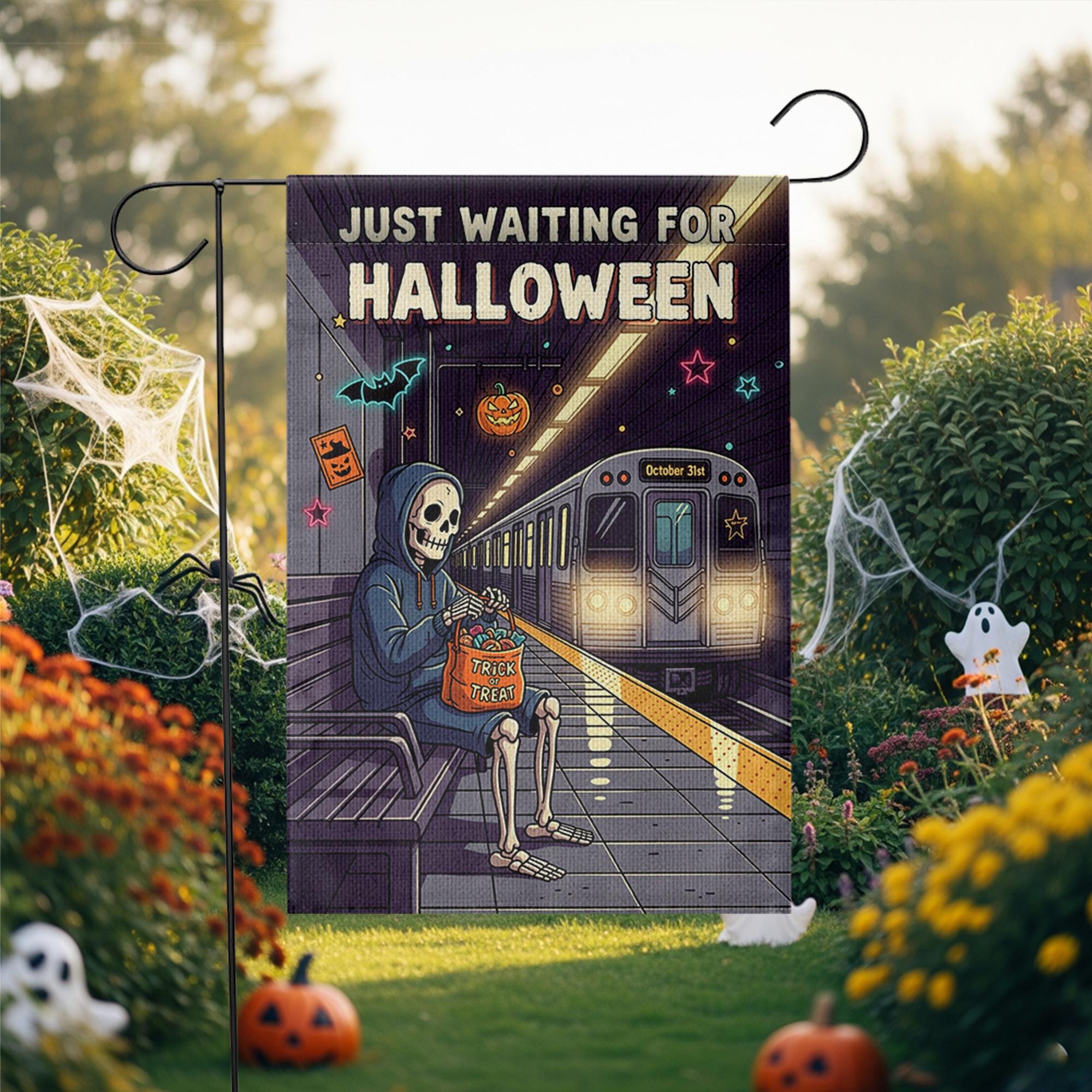 Just Waiting for Halloween Garden Flag – Funny Skeleton Subway Scene – Trick or Treat Spooky Yard Decor
