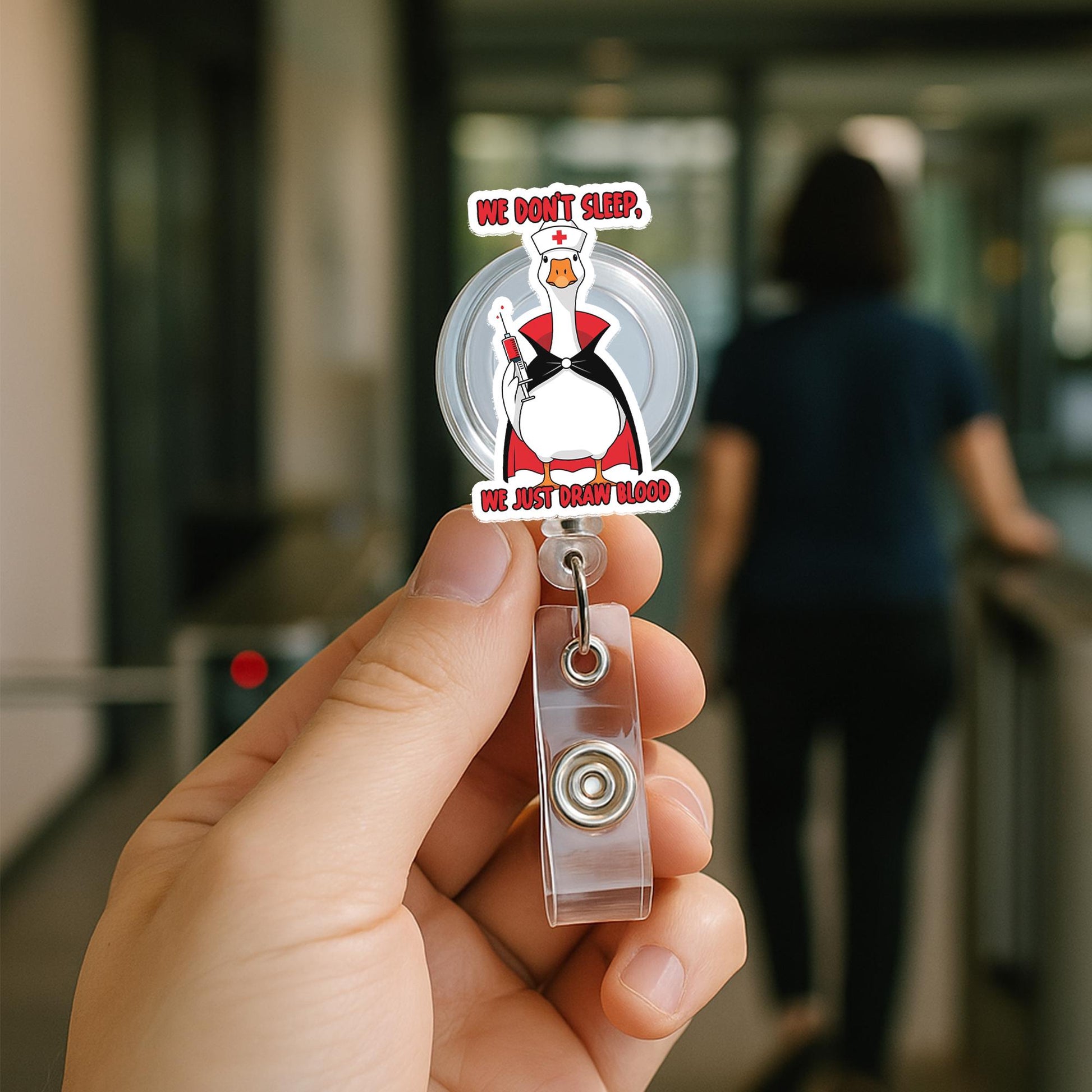 Funny Nurse Goose Badge Reel, We Don’t Sleep We Just Draw Blood, Phlebotomist ID Clip, Halloween Nurse Badge Gift, Goose Humor Clip