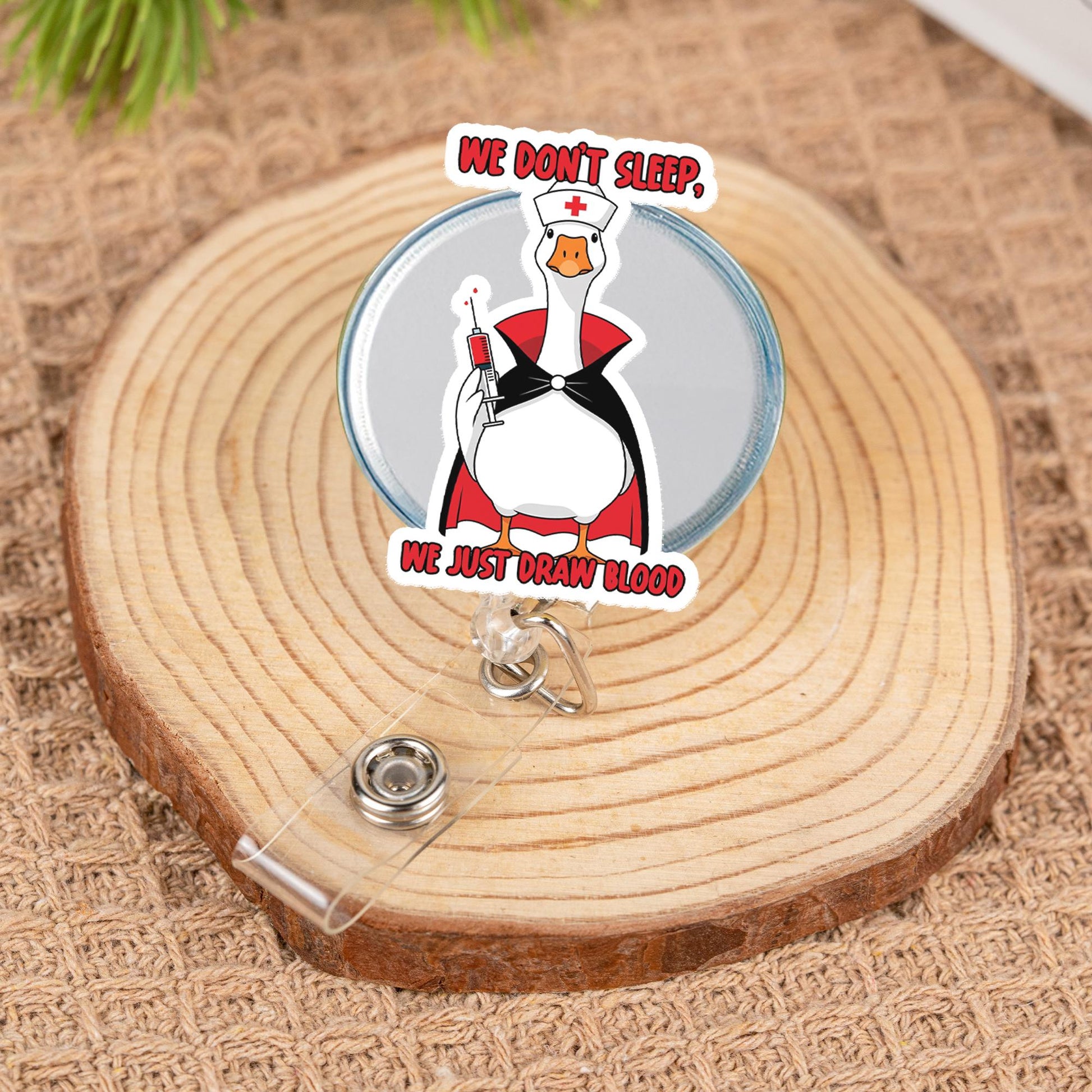 Funny Nurse Goose Badge Reel, We Don’t Sleep We Just Draw Blood, Phlebotomist ID Clip, Halloween Nurse Badge Gift, Goose Humor Clip