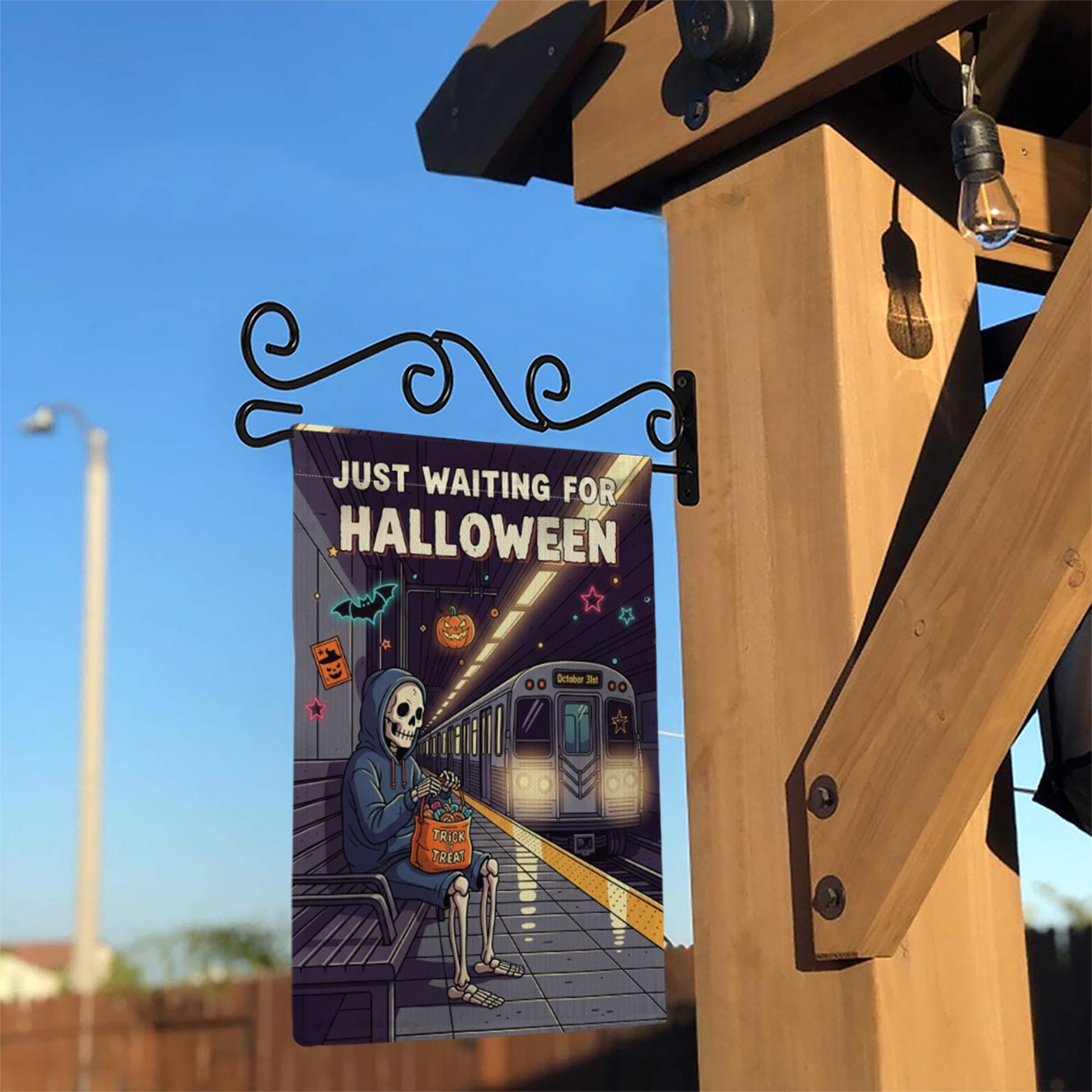 Just Waiting for Halloween Garden Flag – Funny Skeleton Subway Scene – Trick or Treat Spooky Yard Decor