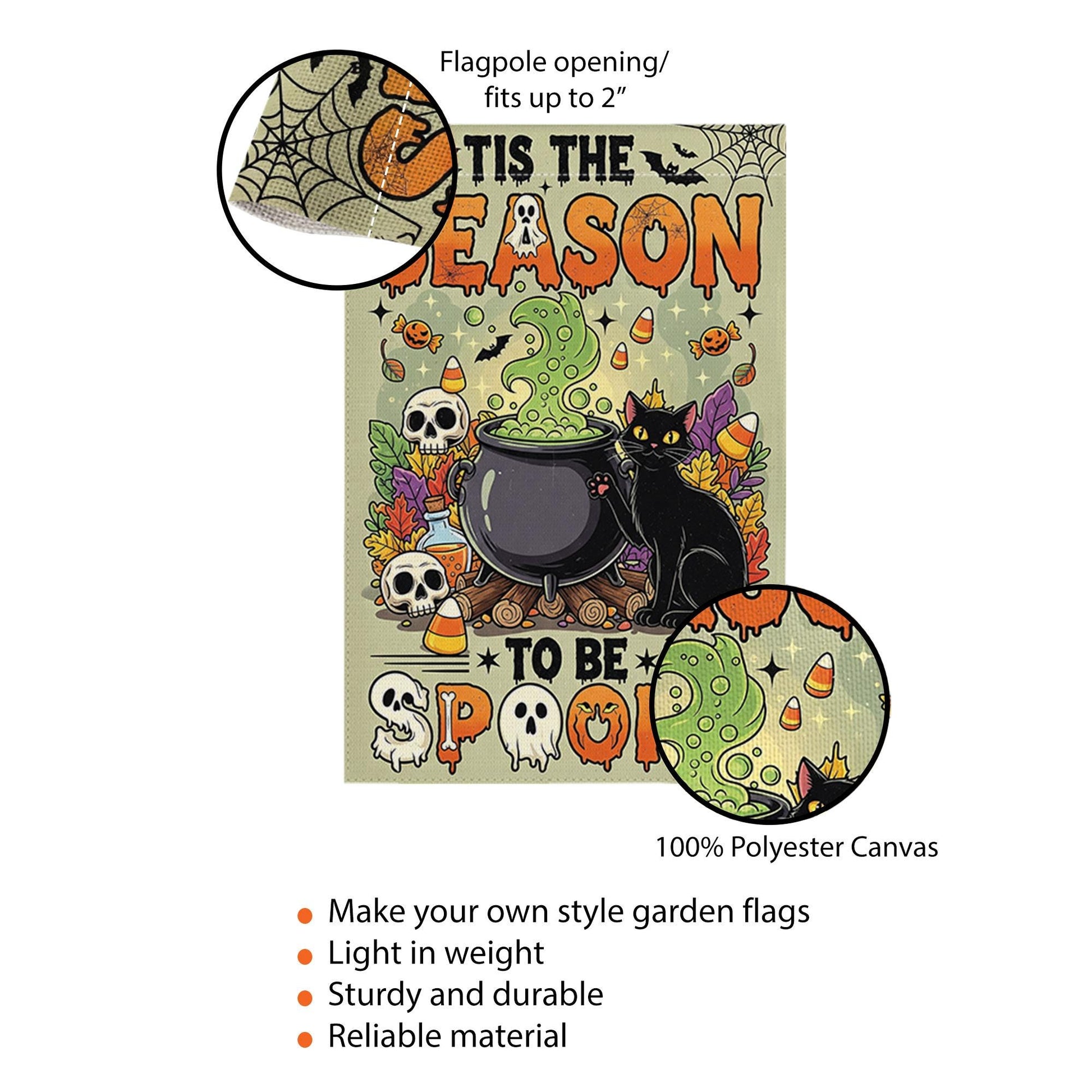 Tis the Season to Be Spooky Garden Flag – Cute Halloween Cauldron with Black Cat – Fun Fall Yard Decoration