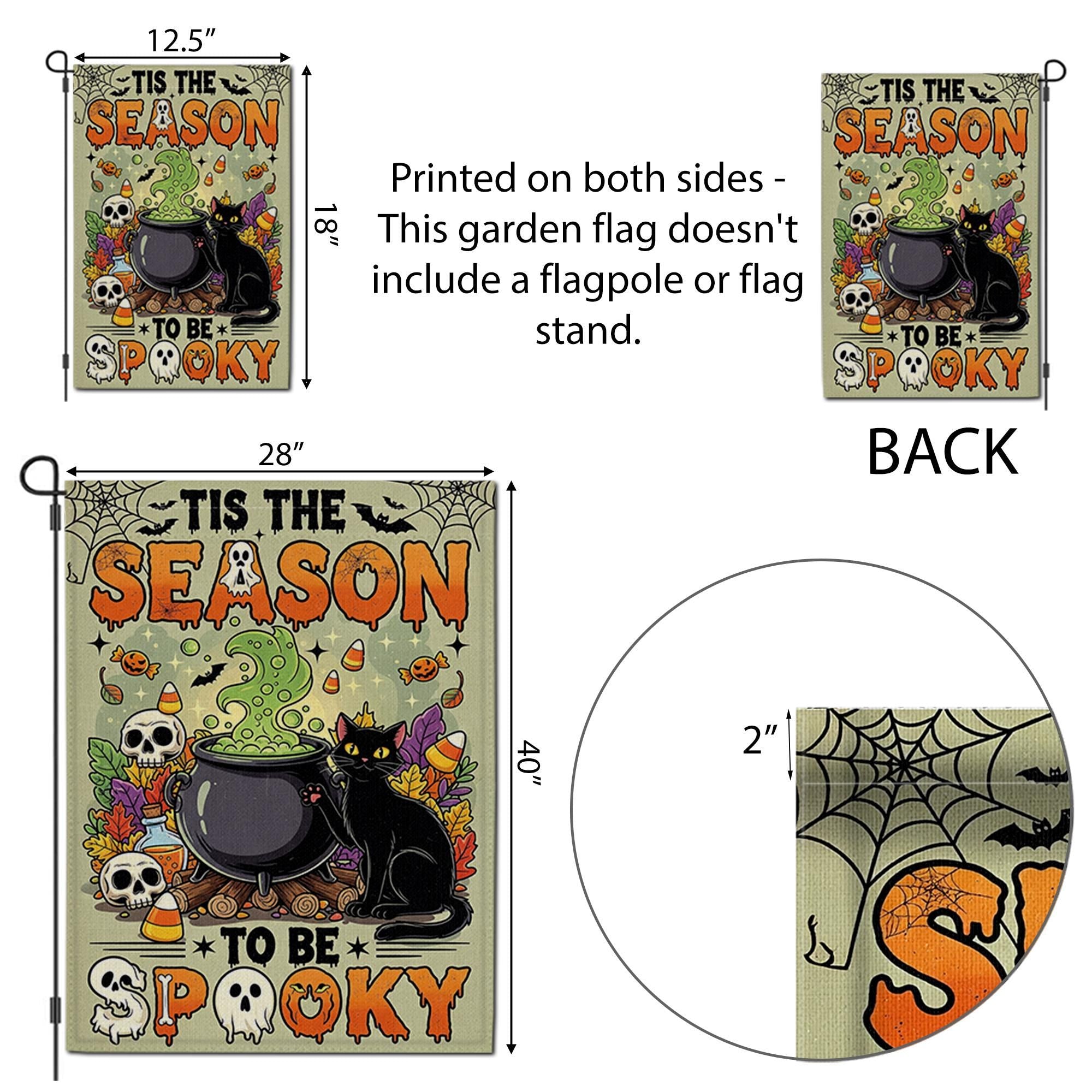 Tis the Season to Be Spooky Garden Flag – Cute Halloween Cauldron with Black Cat – Fun Fall Yard Decoration
