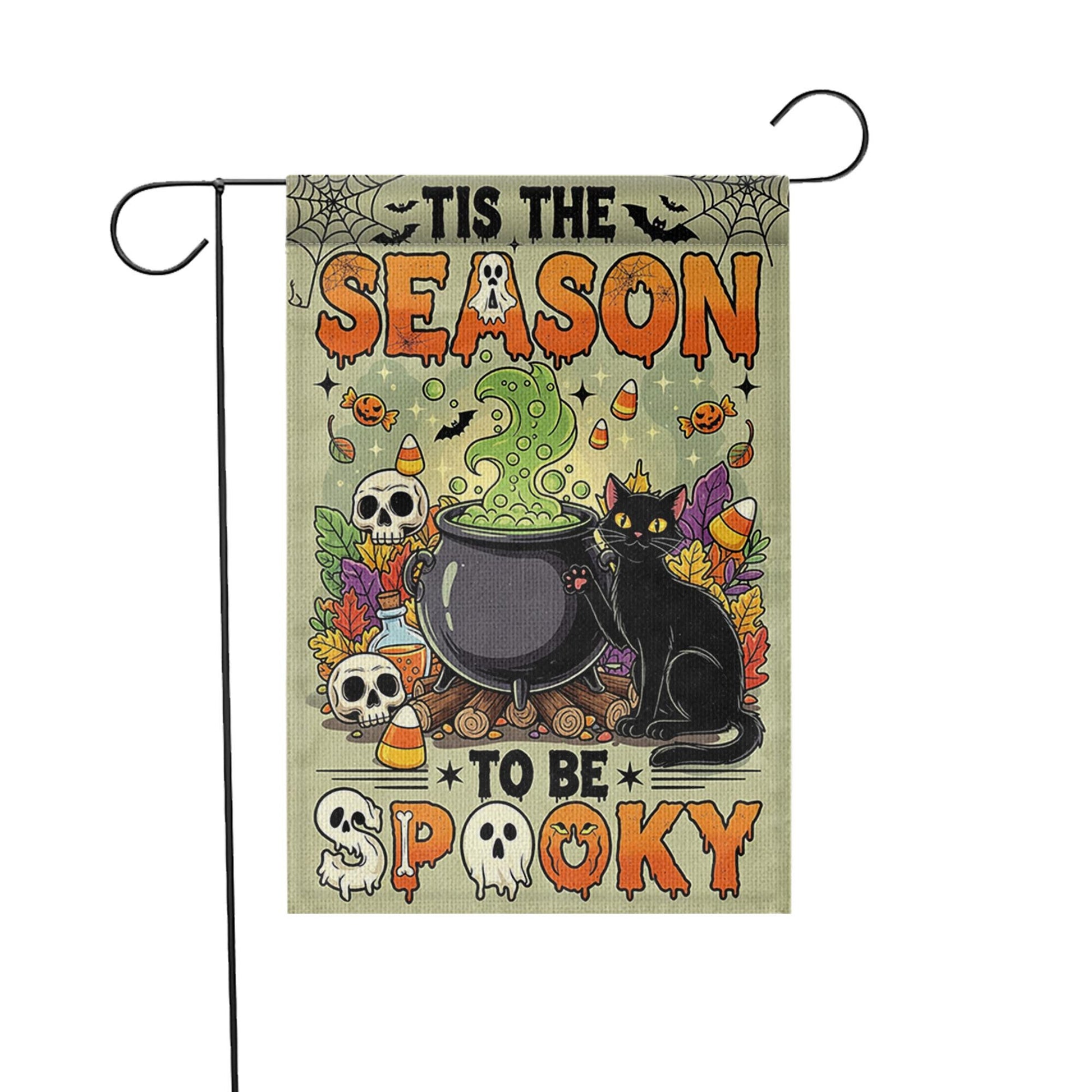 Tis the Season to Be Spooky Garden Flag – Cute Halloween Cauldron with Black Cat – Fun Fall Yard Decoration
