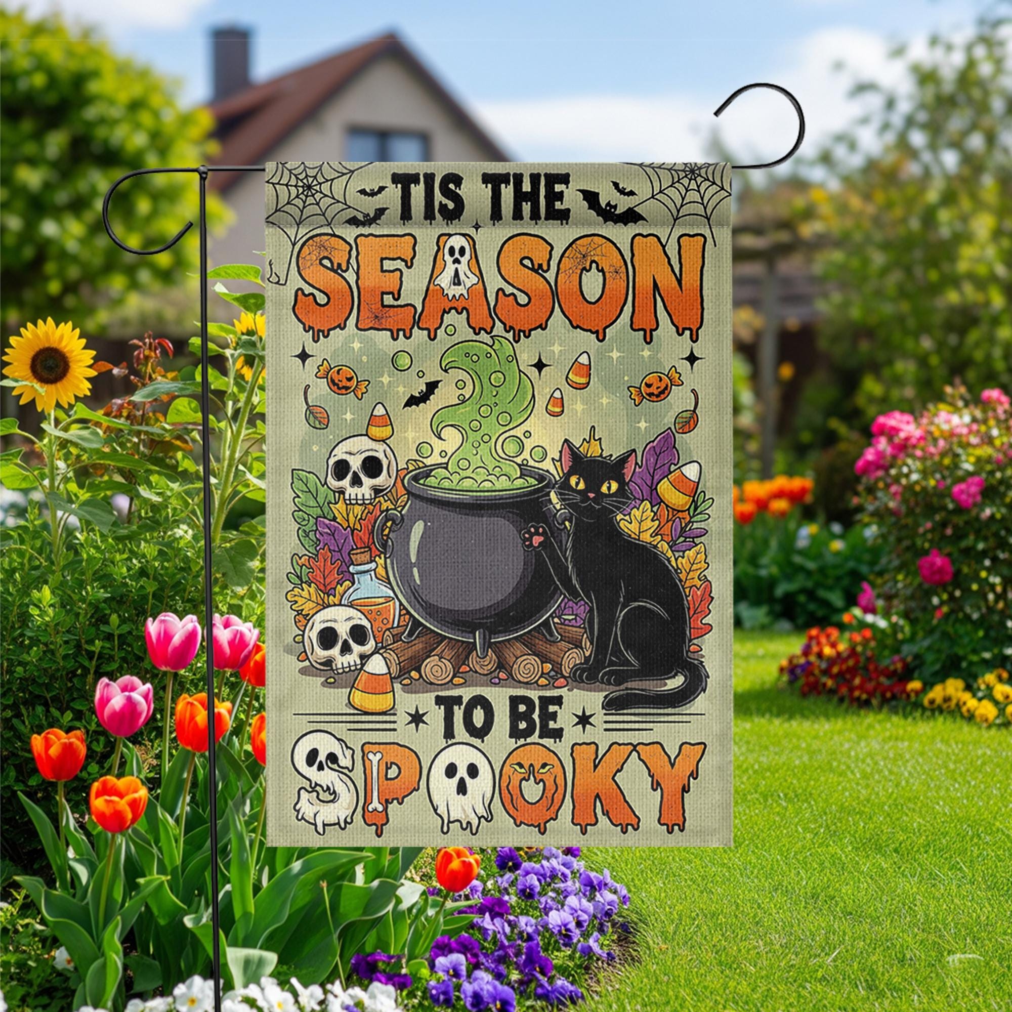 Tis the Season to Be Spooky Garden Flag – Cute Halloween Cauldron with Black Cat – Fun Fall Yard Decoration