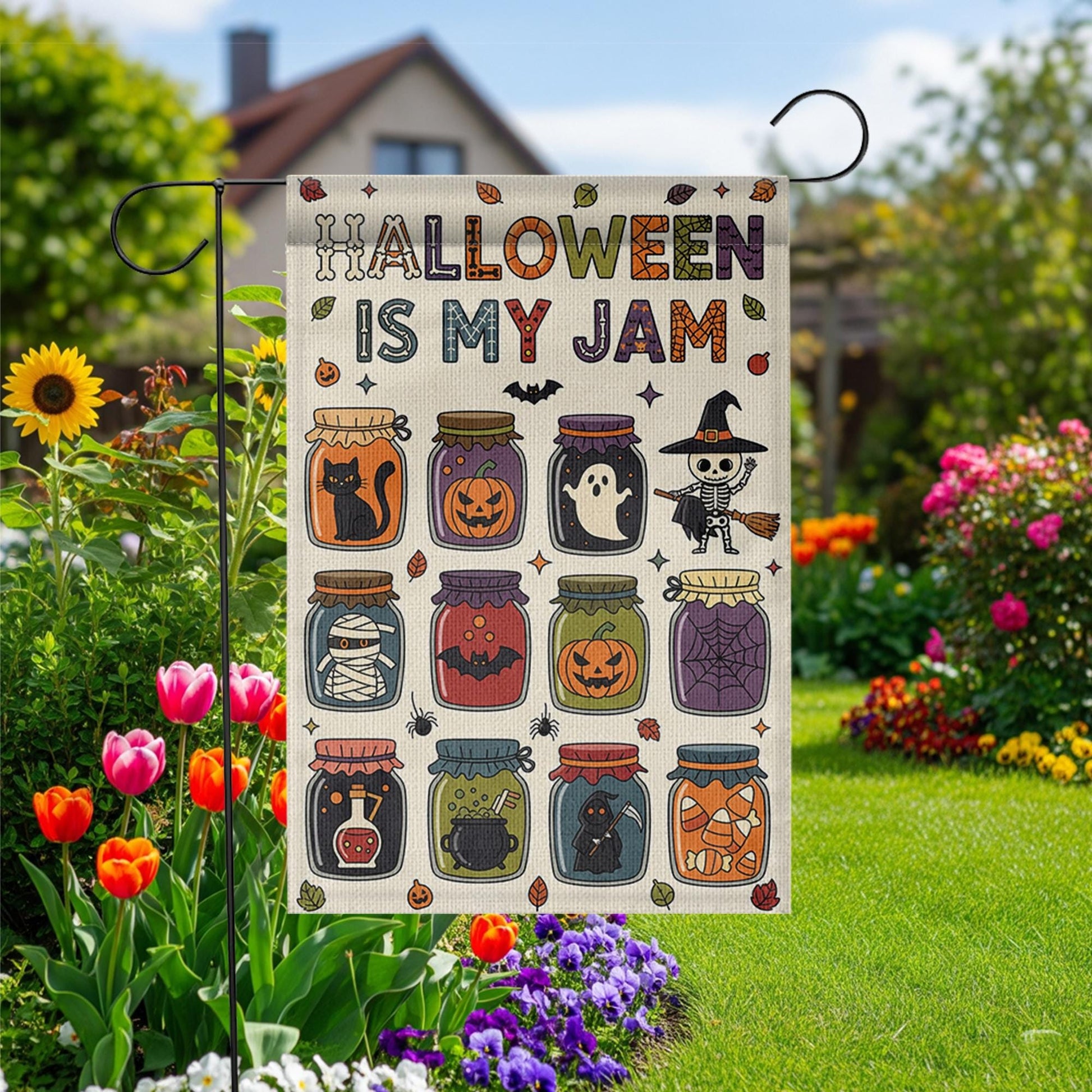 Halloween Is My Jam Garden Flag – Cute Spooky Jars with Ghosts, Cats, and Candy – Fun Fall Outdoor Yard Decor