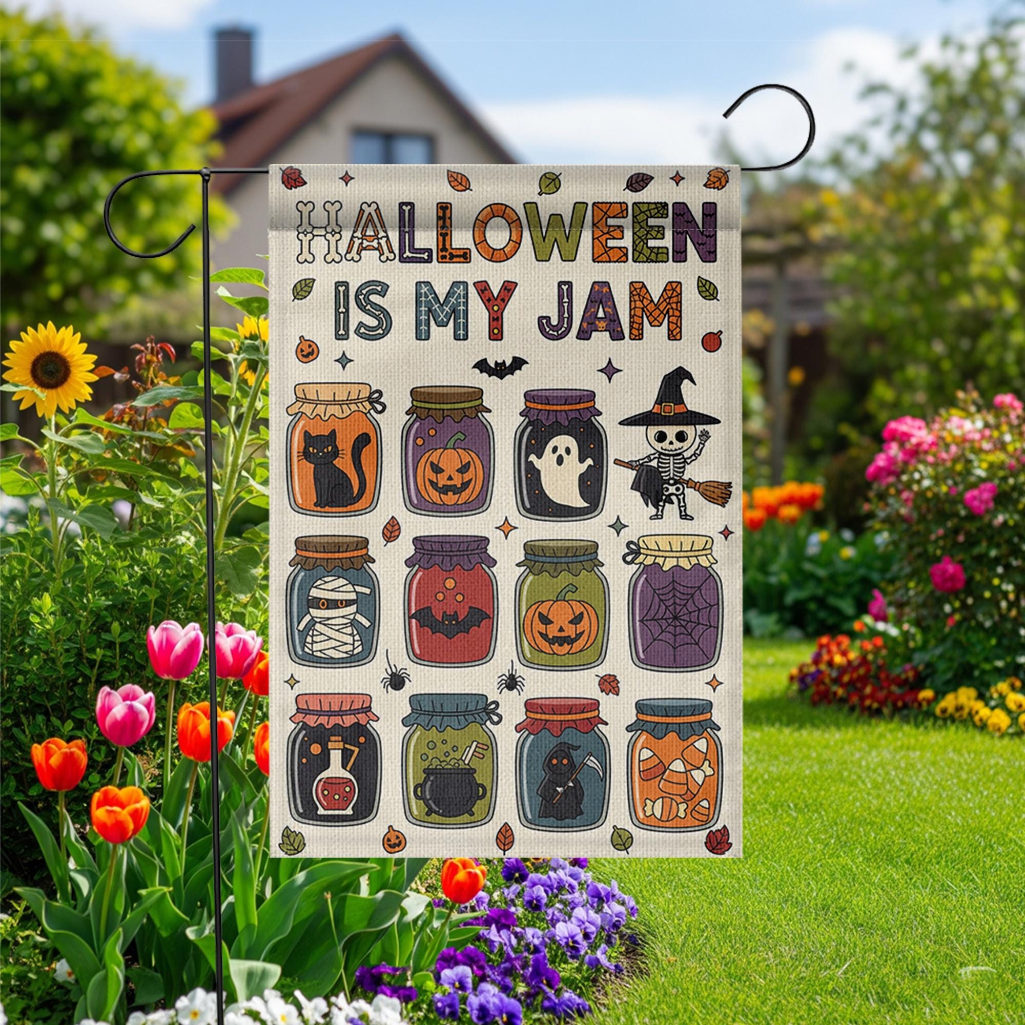 Halloween Is My Jam Garden Flag – Cute Spooky Jars with Ghosts, Cats, and Candy – Fun Fall Outdoor Yard Decor