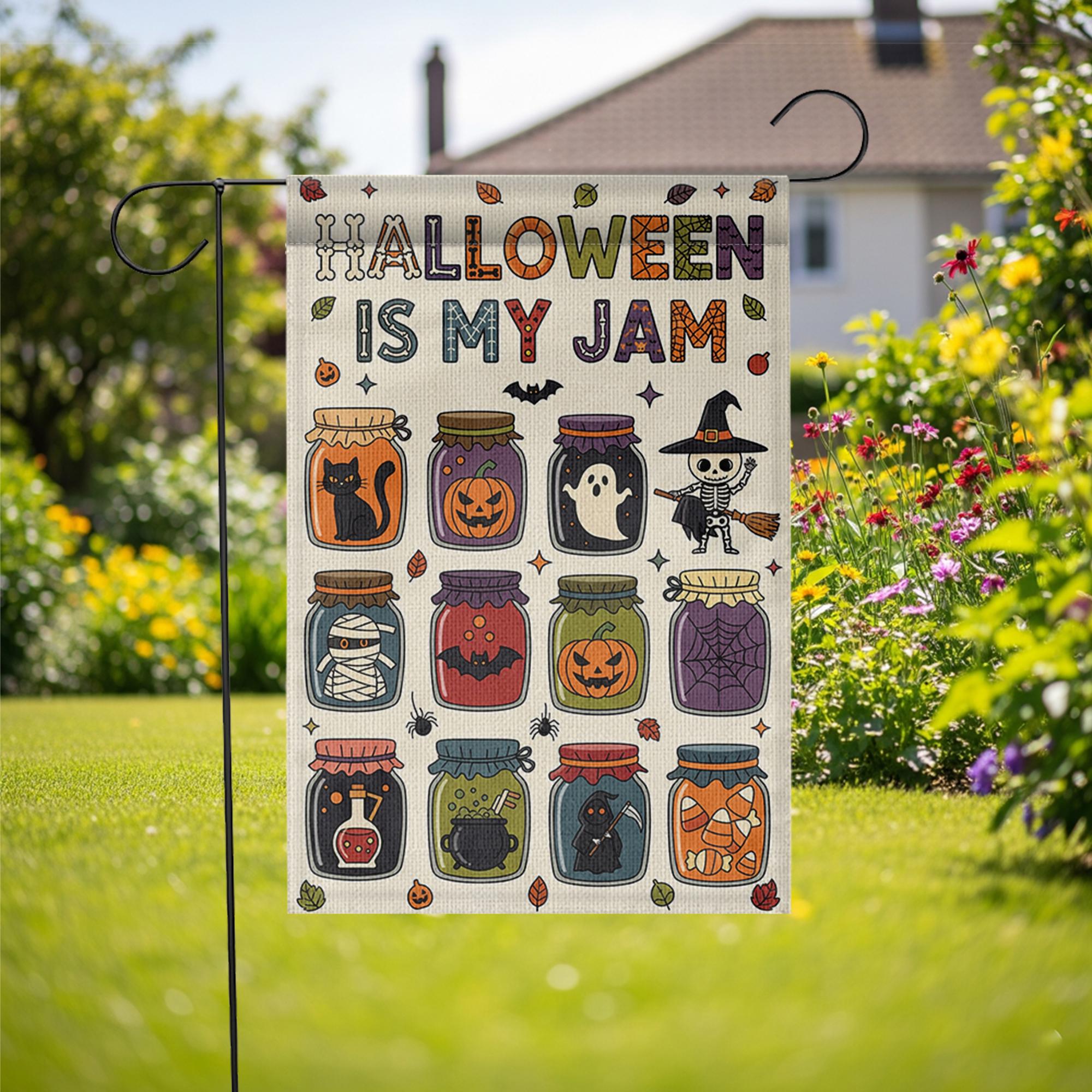 Halloween Is My Jam Garden Flag – Cute Spooky Jars with Ghosts, Cats, and Candy – Fun Fall Outdoor Yard Decor