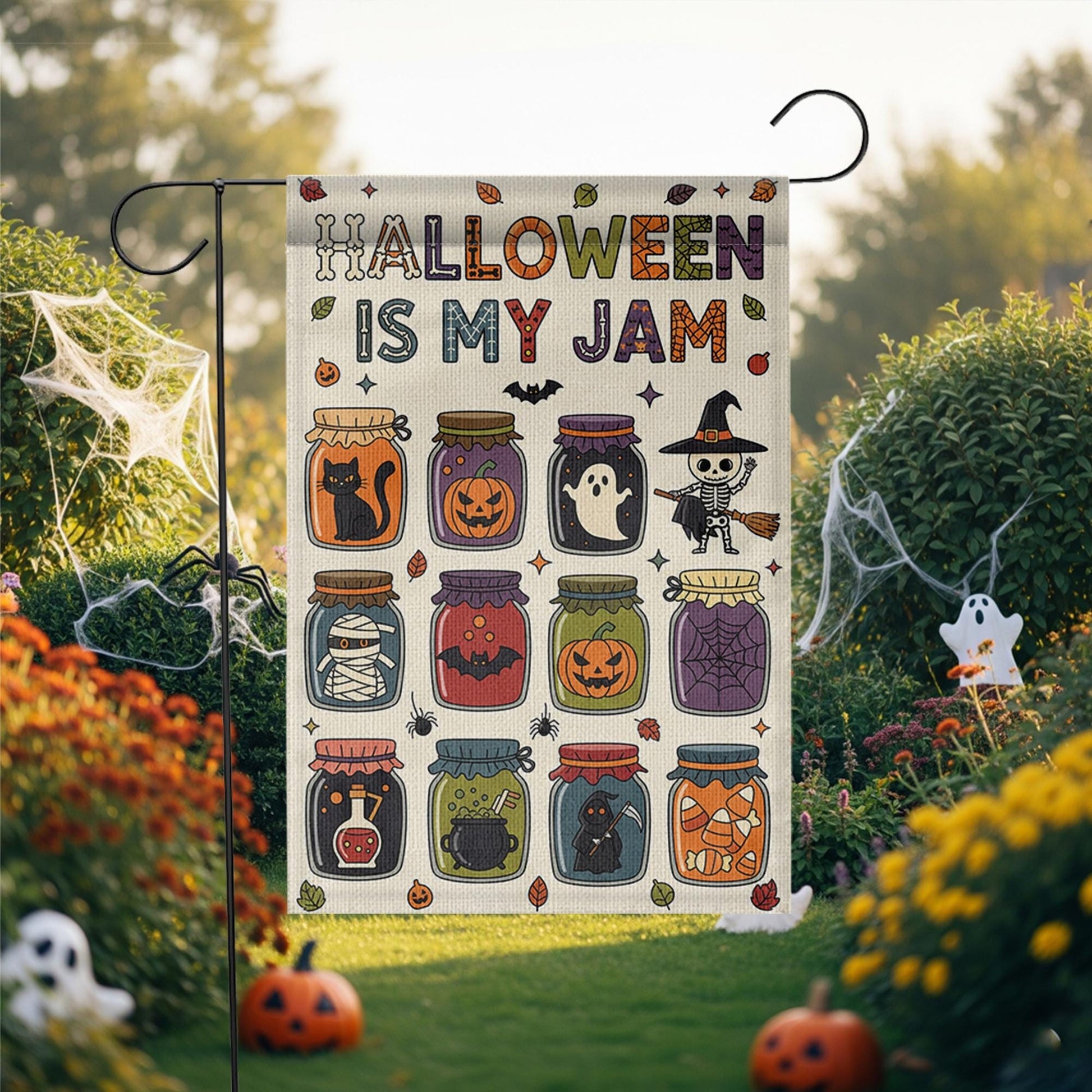 Halloween Is My Jam Garden Flag – Cute Spooky Jars with Ghosts, Cats, and Candy – Fun Fall Outdoor Yard Decor