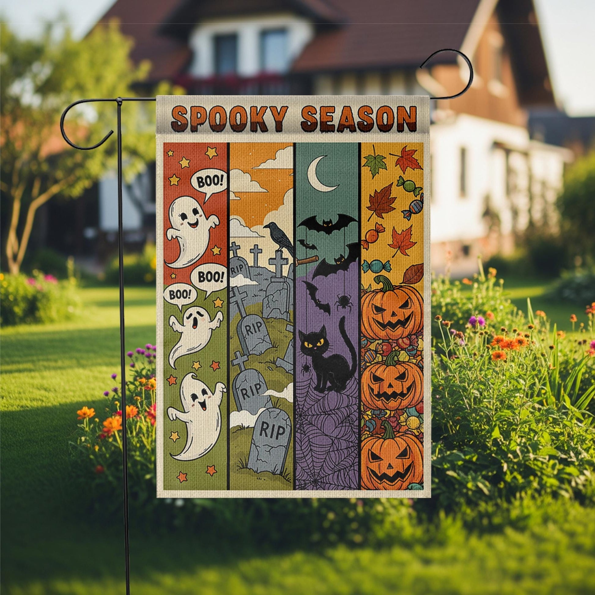 Spooky Season Garden Flag – Cute Ghost, Bat, Cat & Pumpkin Fall Yard Decor – Halloween Outdoor Banner