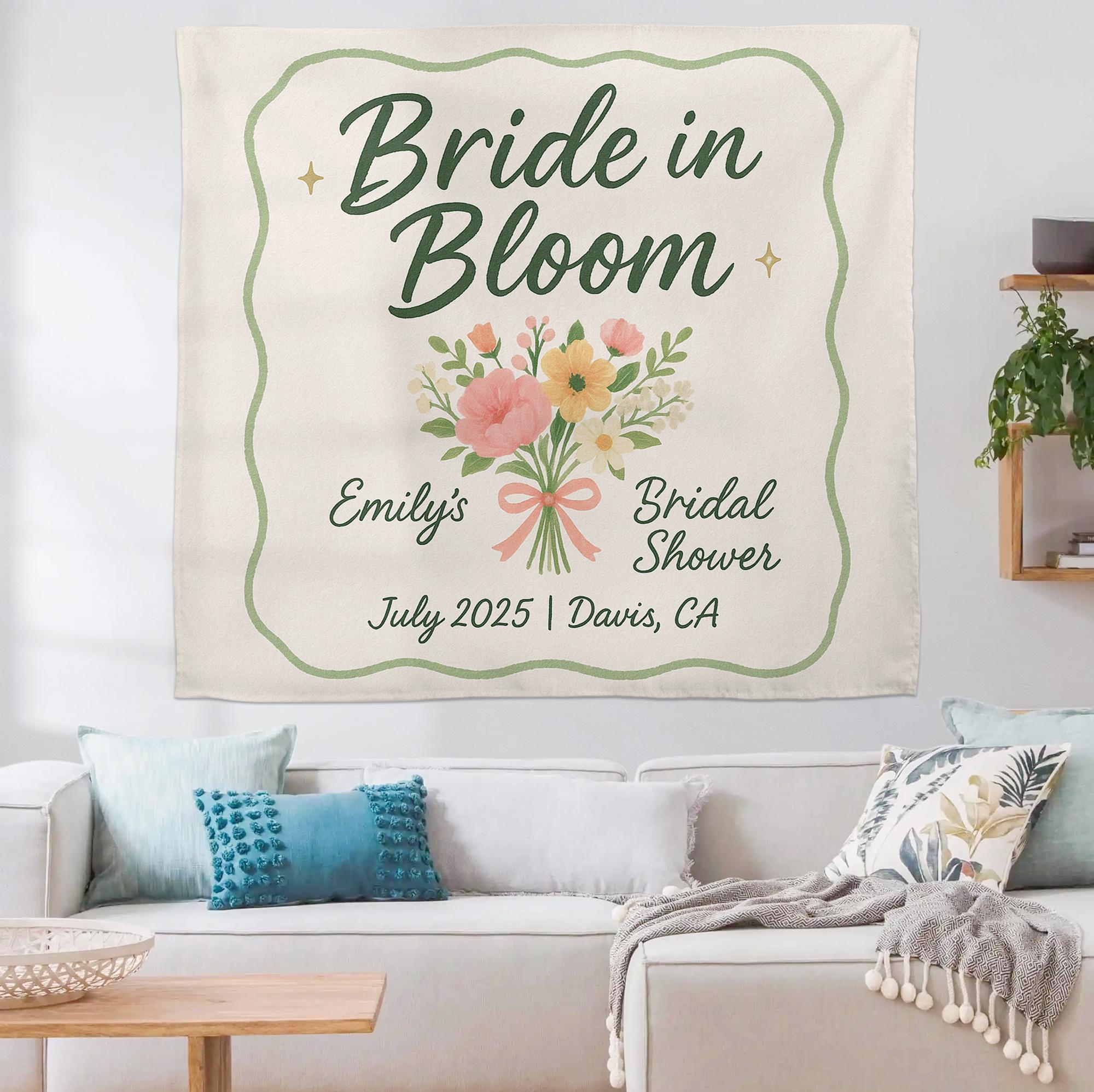 Bride in Bloom Bridal Shower Tapestry, Floral Bridal Banner, Personalized Wall Decor, Wedding Shower Backdrop,  Bridal Shower Party Decor