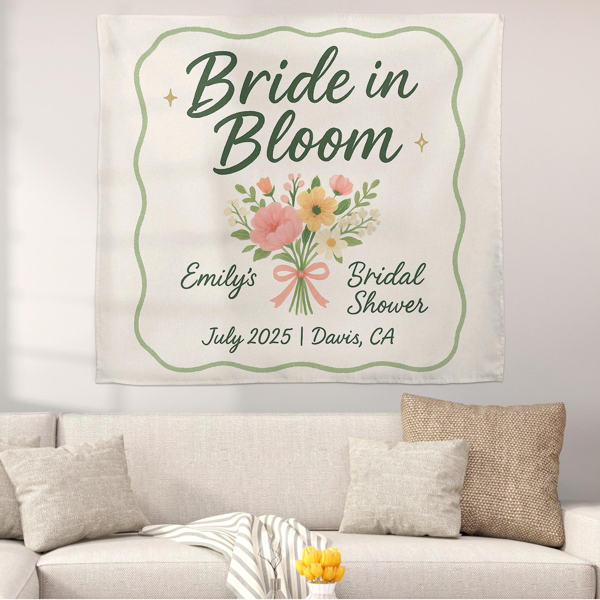 Bride in Bloom Bridal Shower Tapestry, Floral Bridal Banner, Personalized Wall Decor, Wedding Shower Backdrop,  Bridal Shower Party Decor