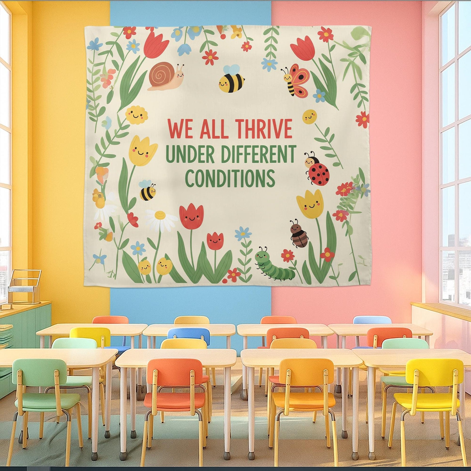 Classroom Tapestry Decor, We All Thrive Banner, Inclusive Teacher Poster, Growth Mindset Wall Art, Motivational School Tapestry