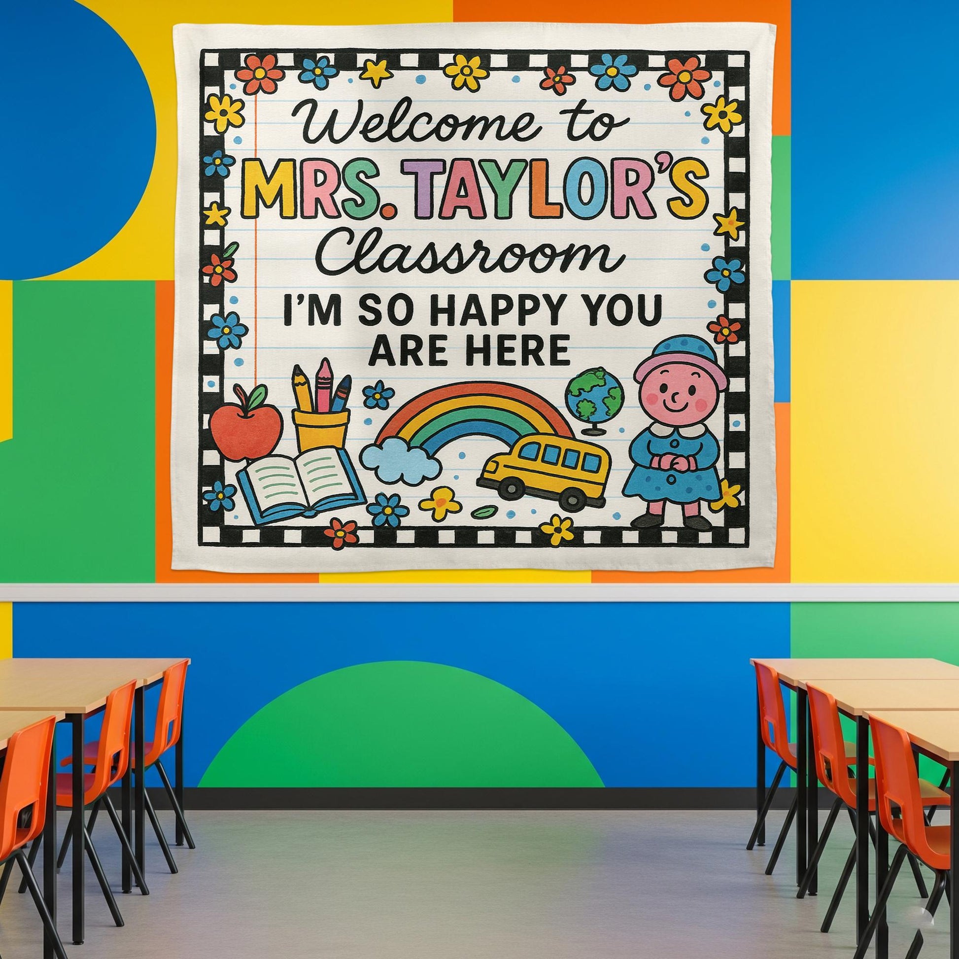 Welcome Classroom Tapestry, Happy You Are Here Banner, Teacher Wall Decor, Back to School Sign, Preschool Classroom Decoration