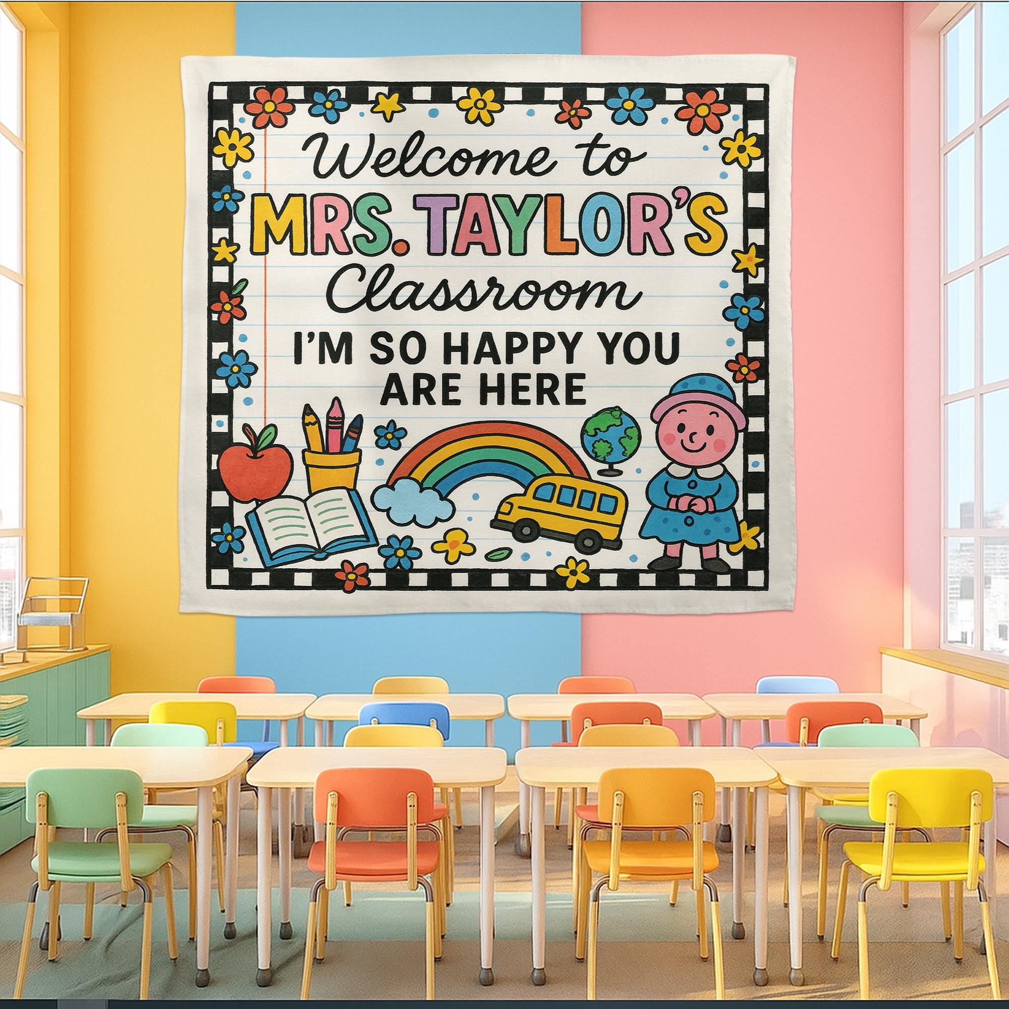 Welcome Classroom Tapestry, Happy You Are Here Banner, Teacher Wall Decor, Back to School Sign, Preschool Classroom Decoration