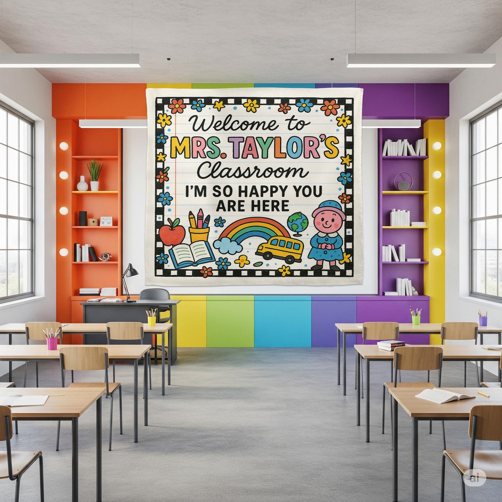 Welcome Classroom Tapestry, Happy You Are Here Banner, Teacher Wall Decor, Back to School Sign, Preschool Classroom Decoration