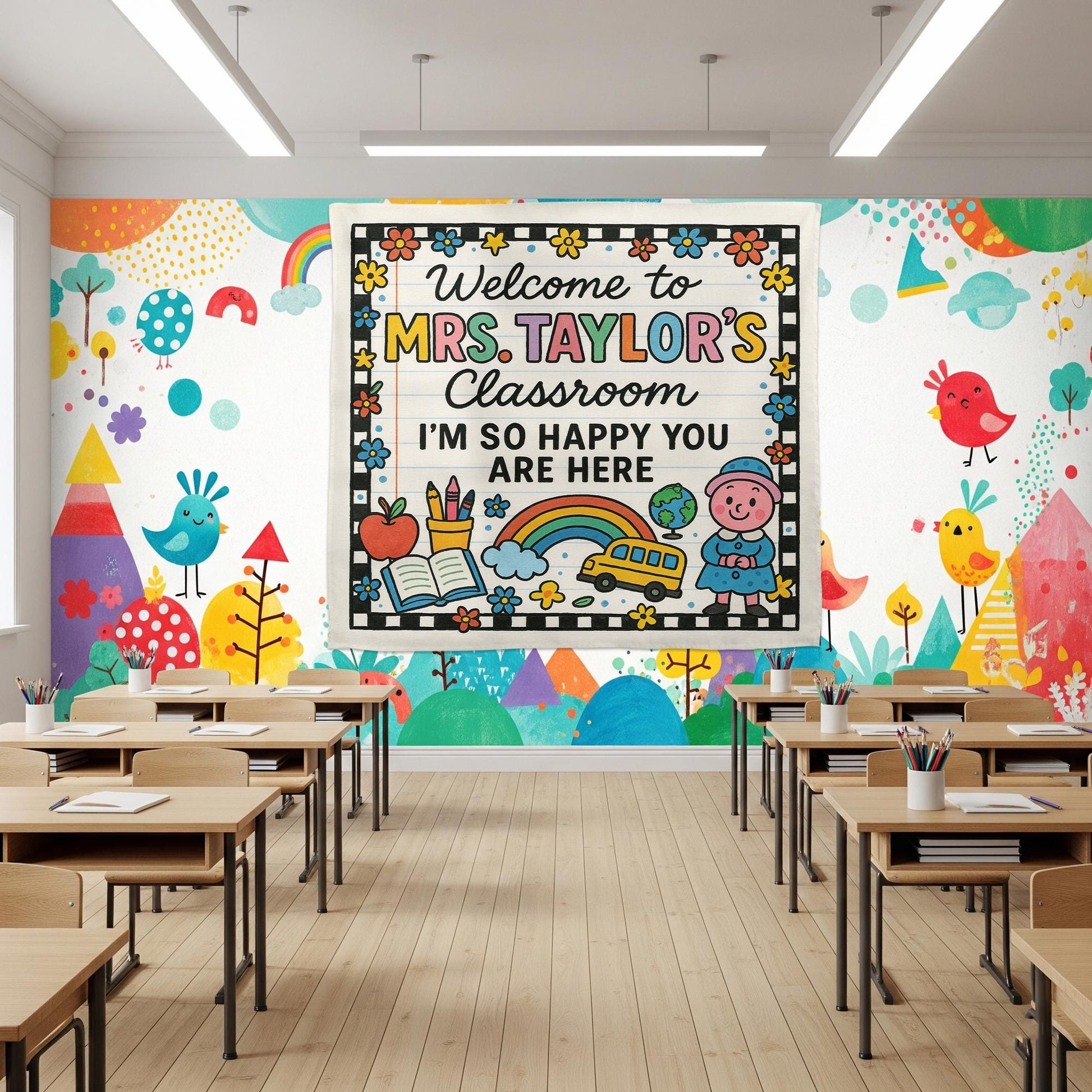 Welcome Classroom Tapestry, Happy You Are Here Banner, Teacher Wall Decor, Back to School Sign, Preschool Classroom Decoration
