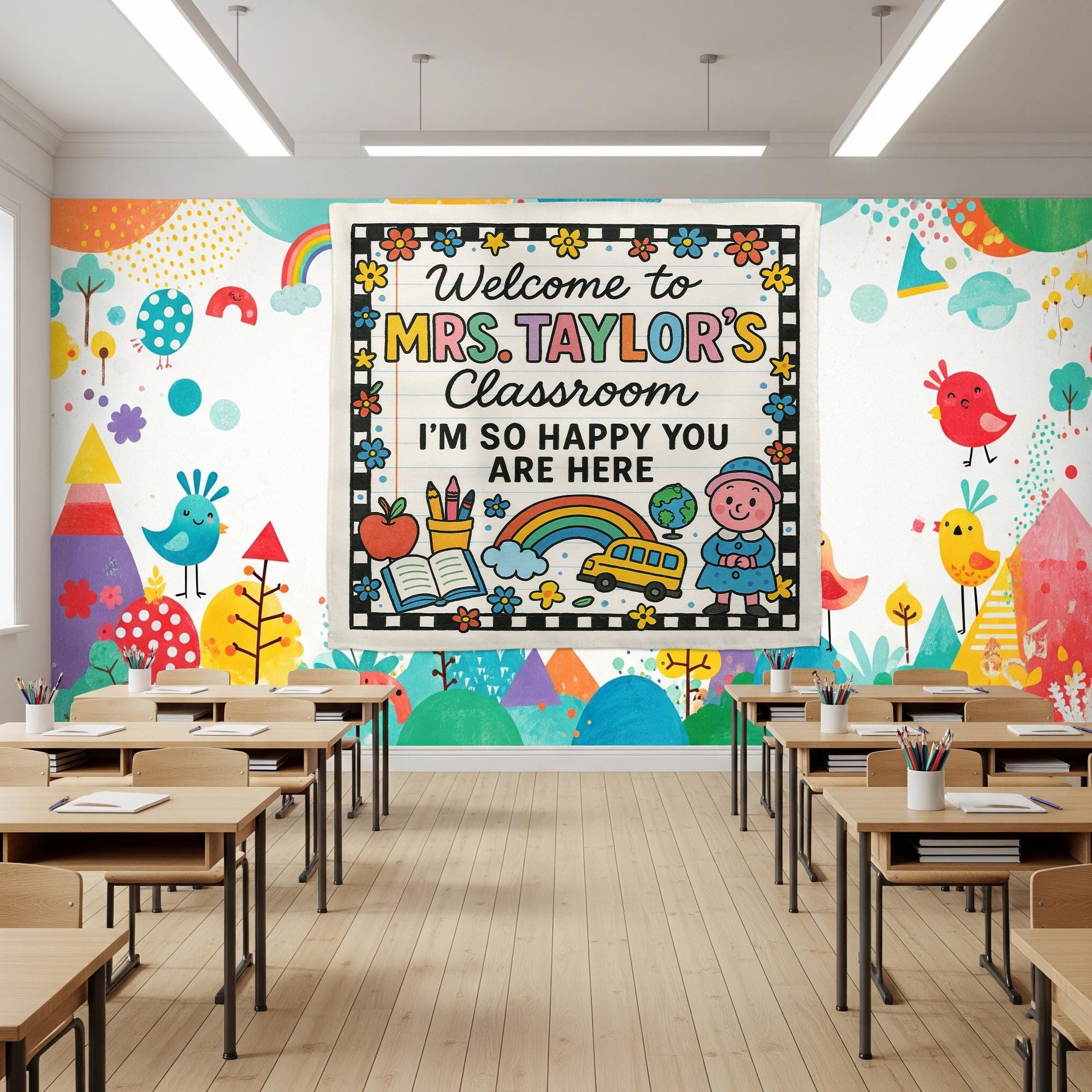 Welcome Classroom Tapestry, Happy You Are Here Banner, Teacher Wall Decor, Back to School Sign, Preschool Classroom Decoration
