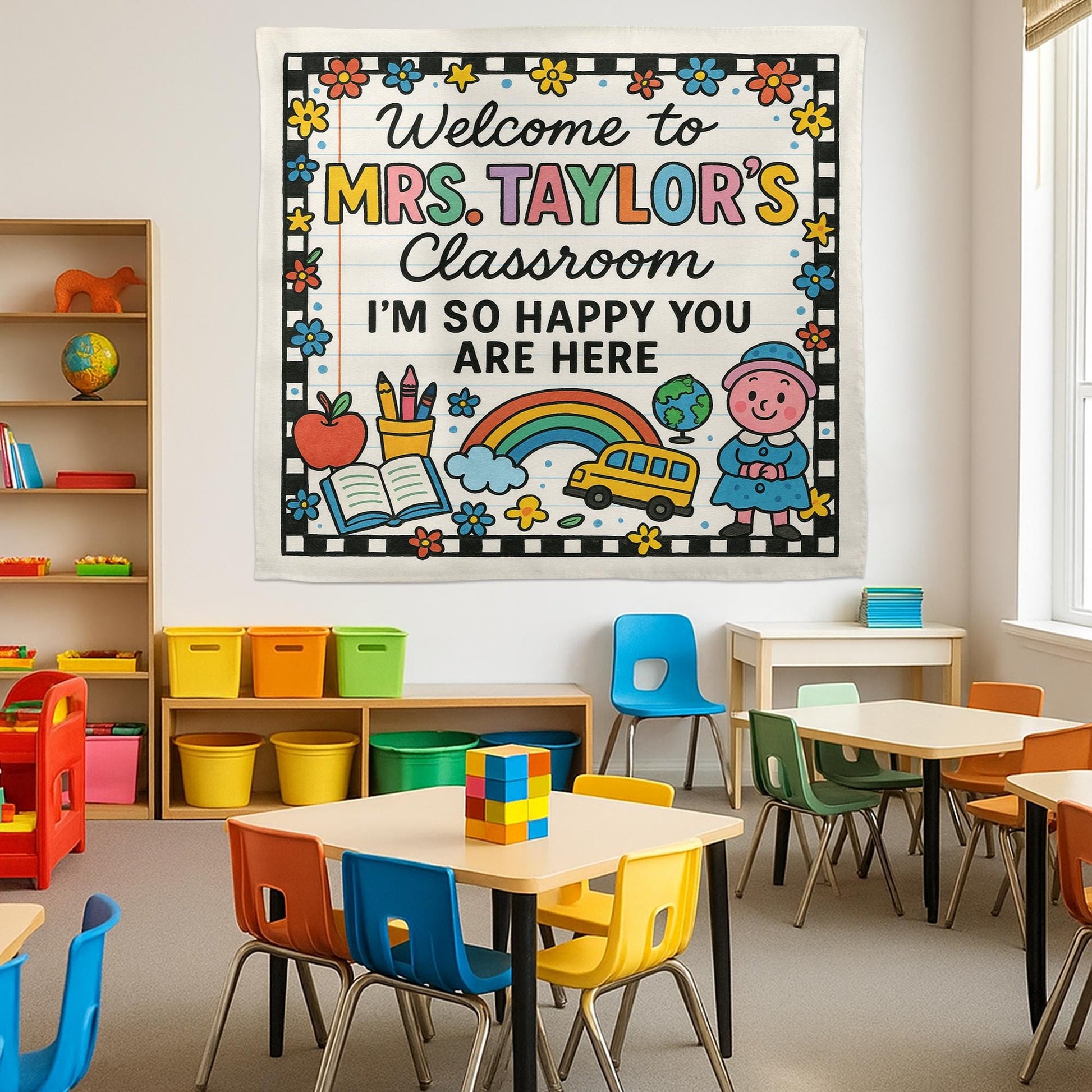 Welcome Classroom Tapestry, Happy You Are Here Banner, Teacher Wall Decor, Back to School Sign, Preschool Classroom Decoration